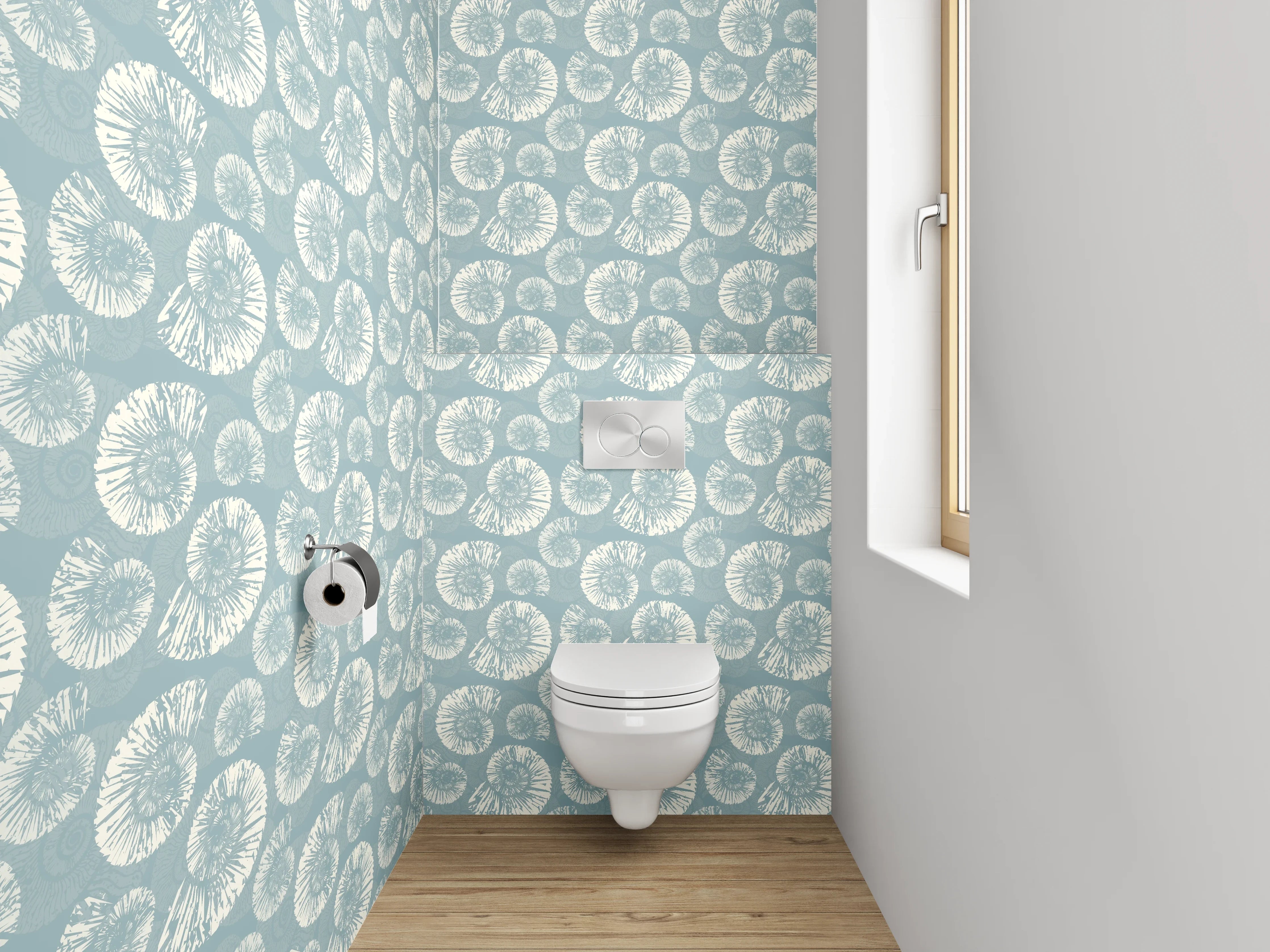 WC-Rückwand - Retro Muschel-Muster Tapete Blau Weiß