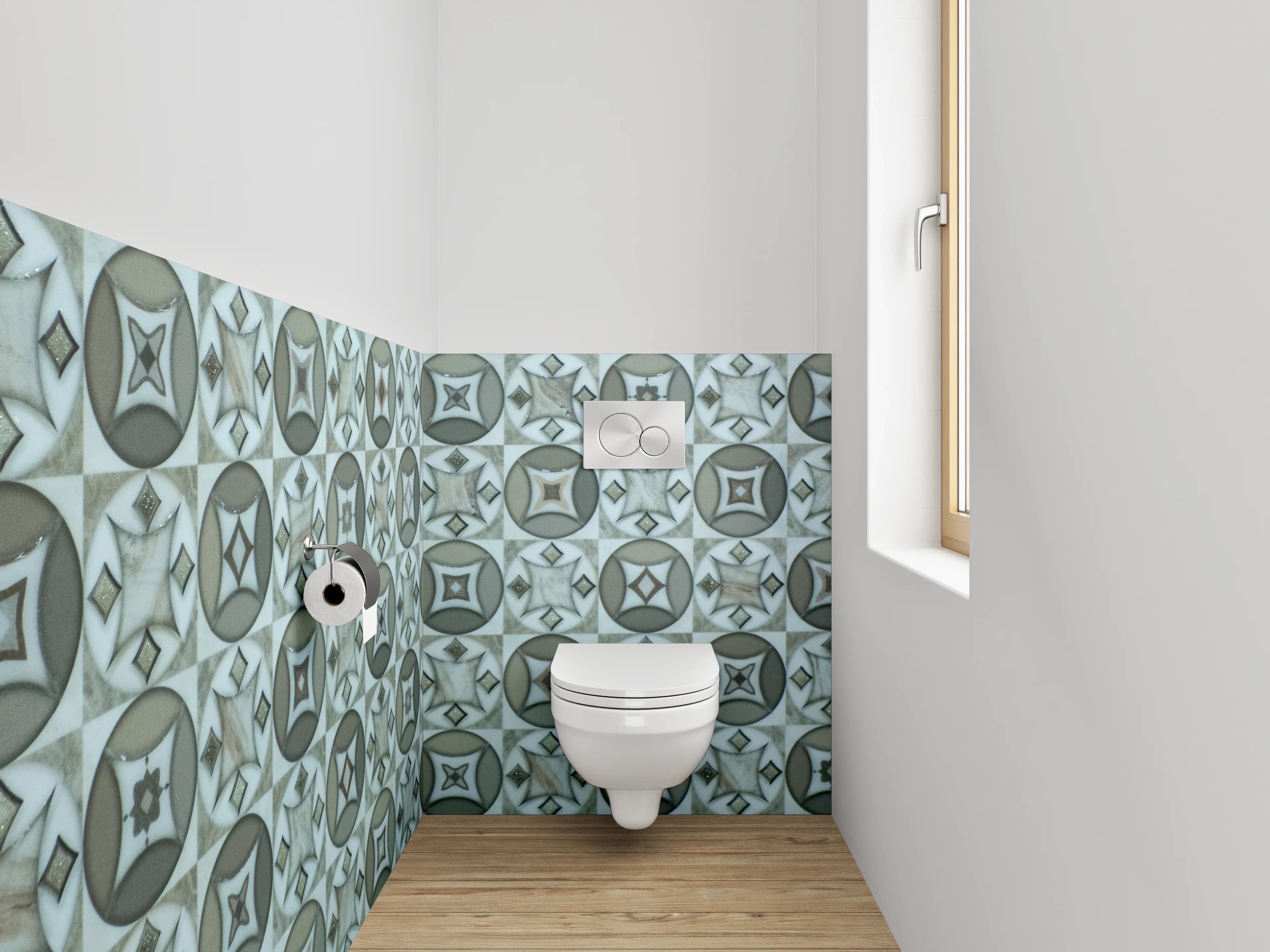 WC-Rückwand - Retro Muster Fliesenoptik Grau Weiß