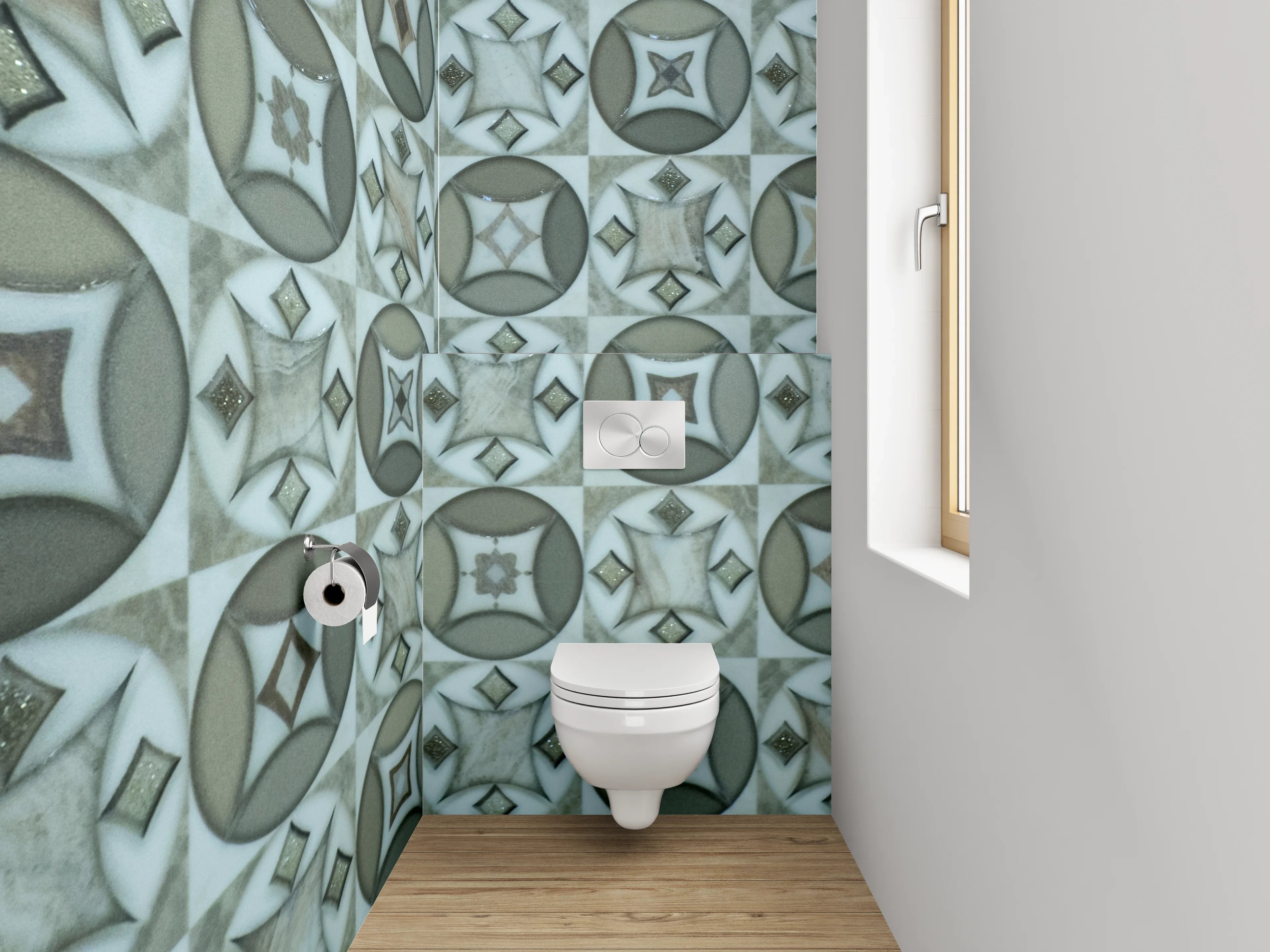 WC-Rückwand - Retro Muster Fliesenoptik Grau Weiß