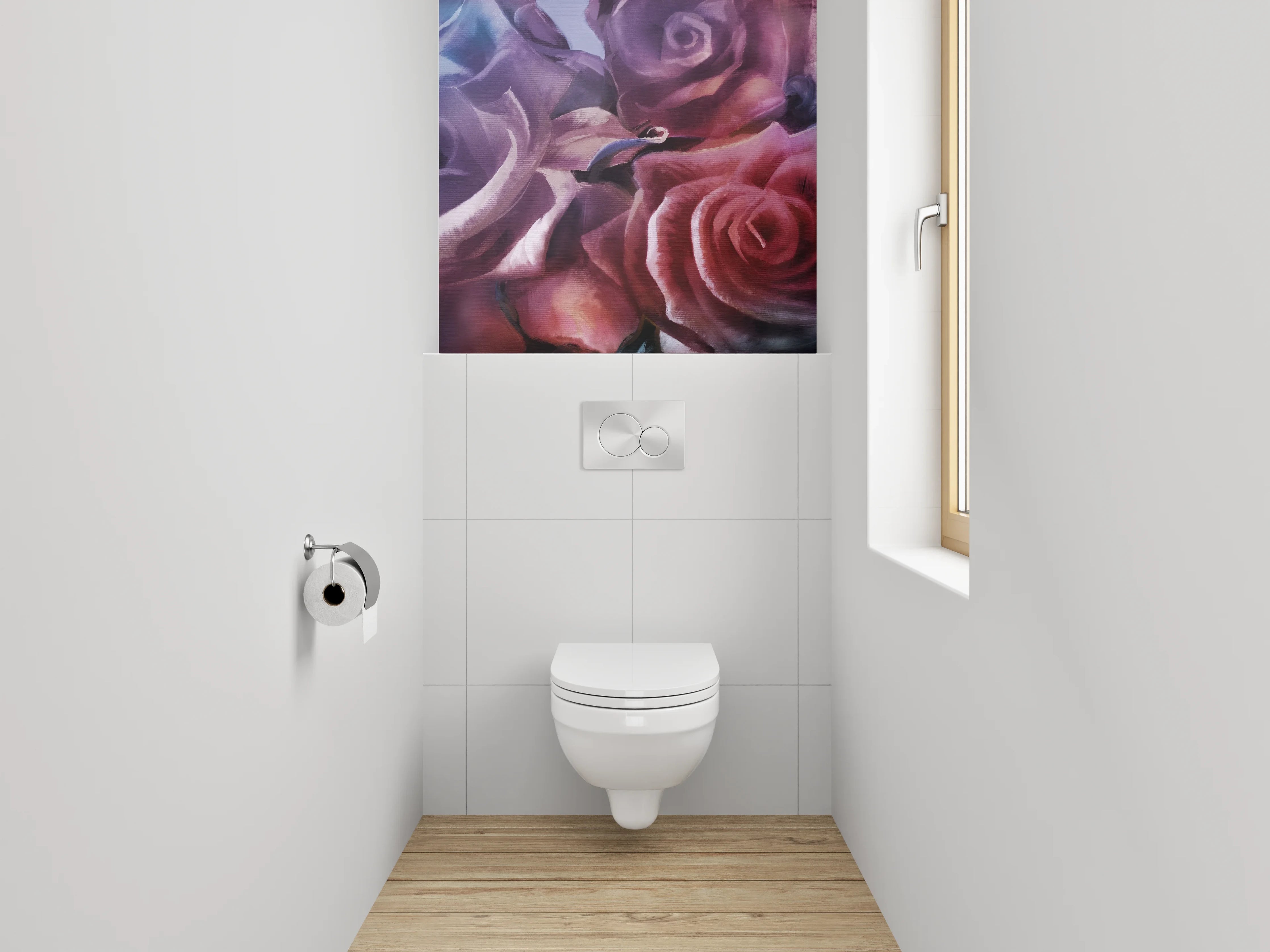 WC-Rückwand - Romantische Aquarellrosen auf violettem Grund