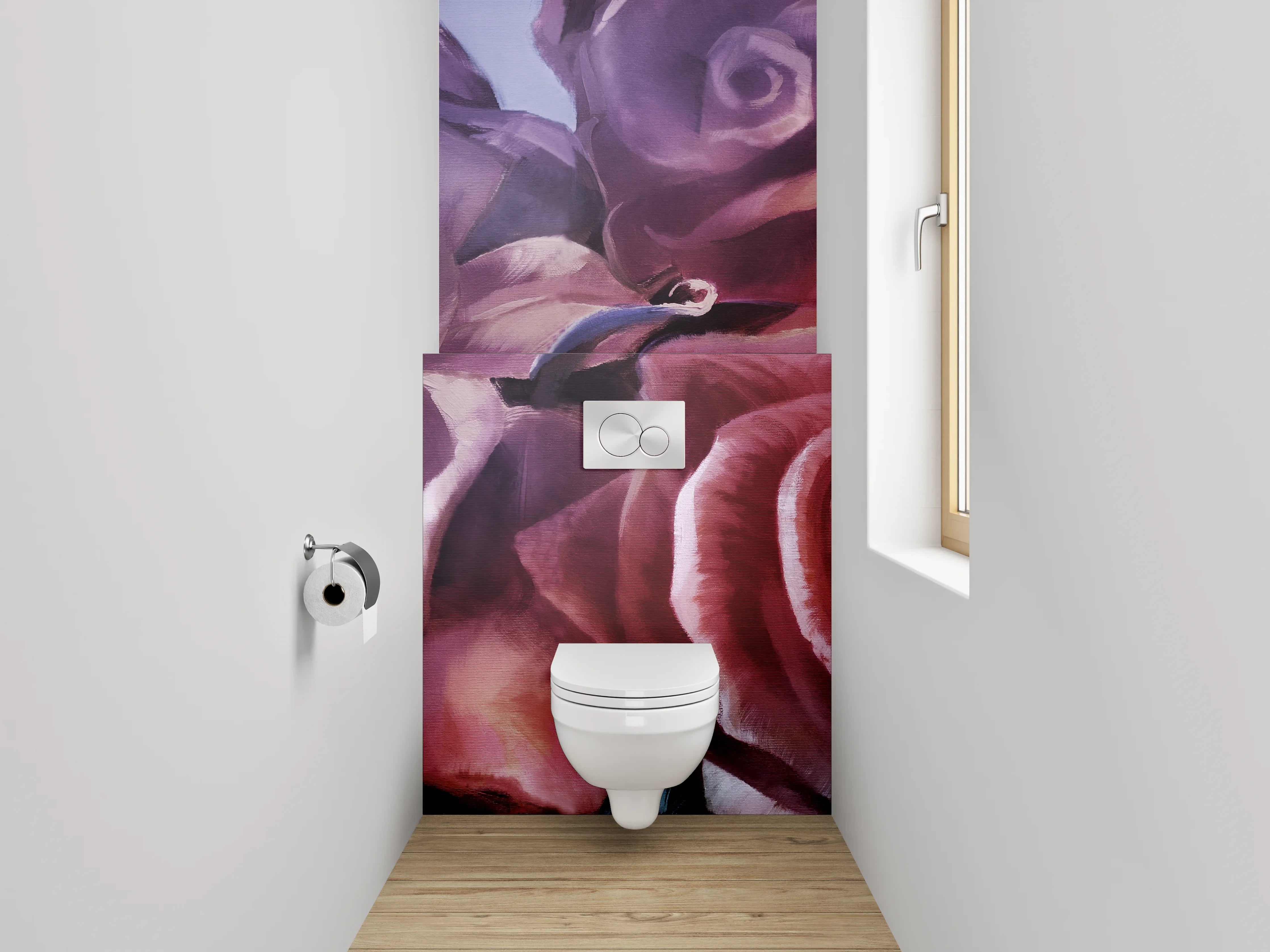 WC-Rückwand - Romantische Aquarellrosen auf violettem Grund