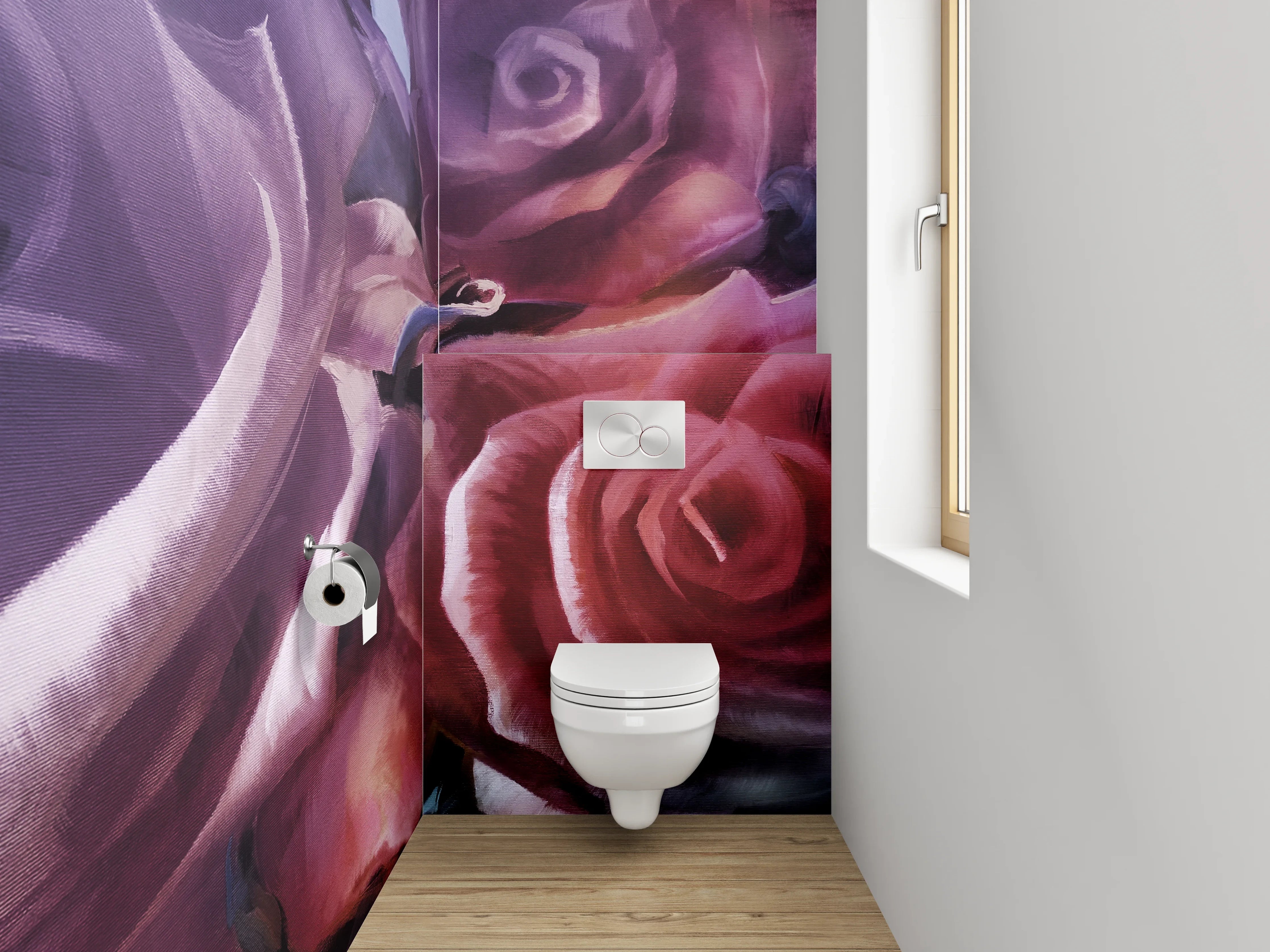 WC-Rückwand - Romantische Aquarellrosen auf violettem Grund