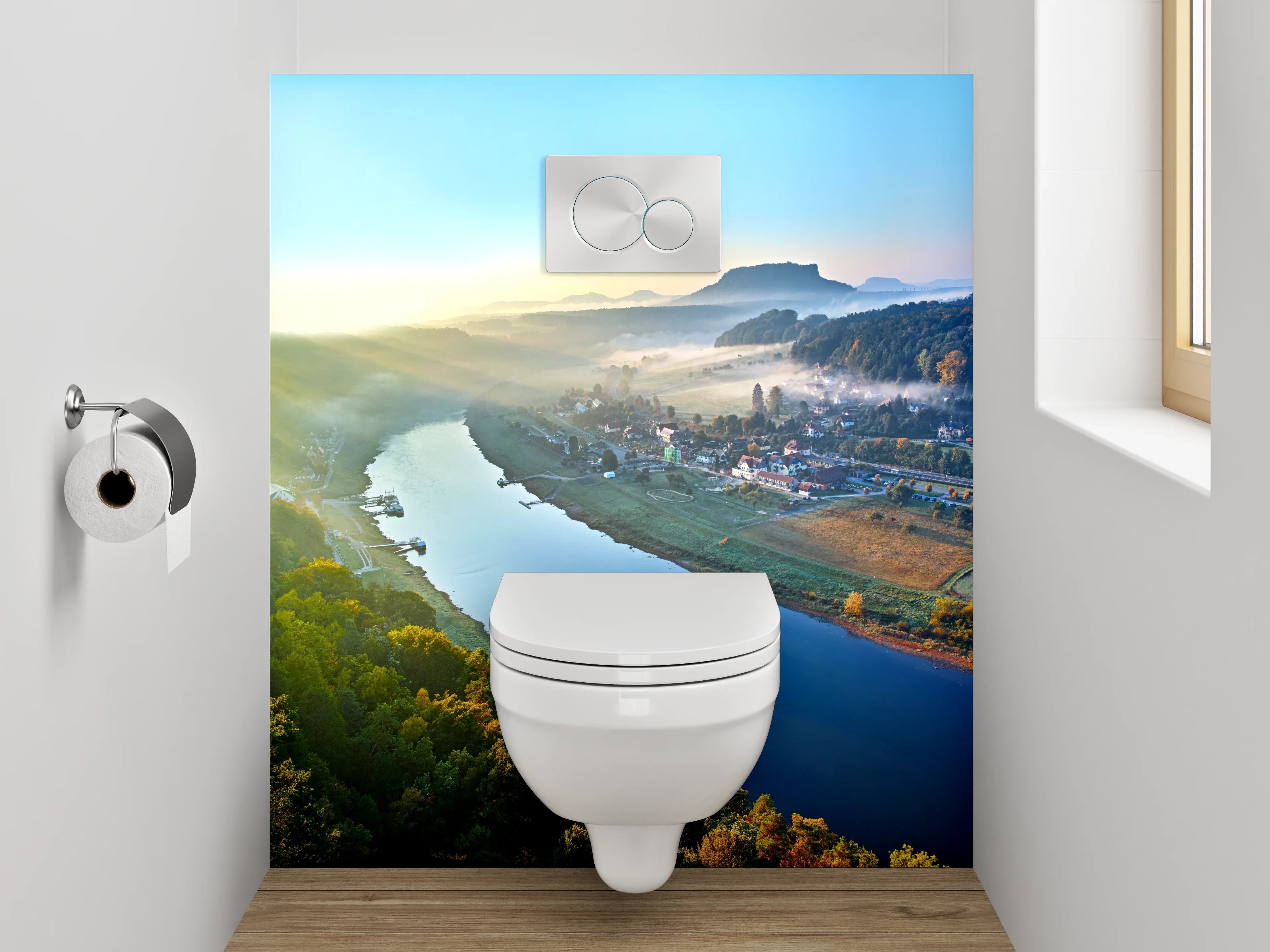 WC-Rückwand - Romantische Flusslandschaft im Morgenlicht