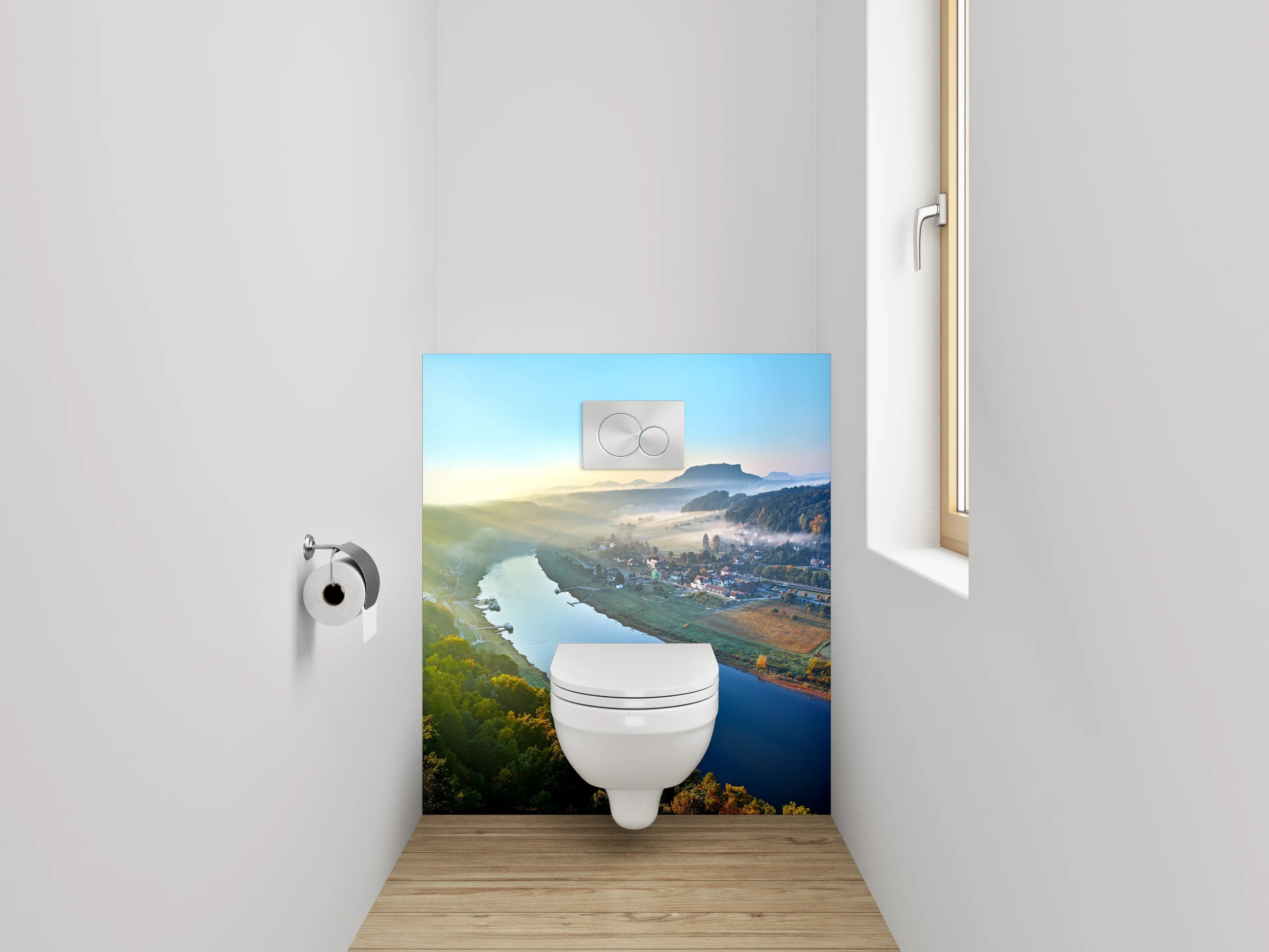 WC-Rückwand - Romantische Flusslandschaft im Morgenlicht