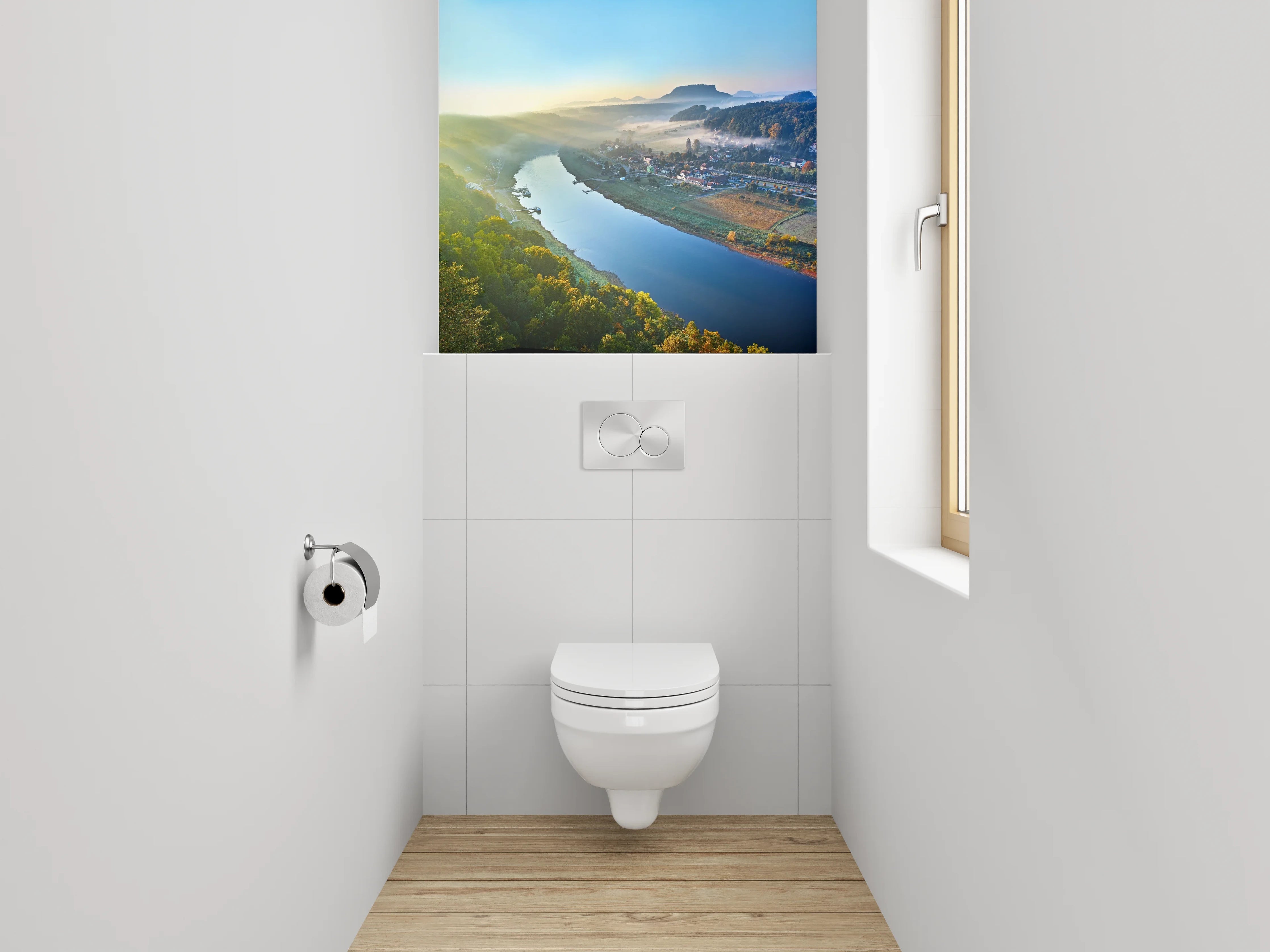 WC-Rückwand - Romantische Flusslandschaft im Morgenlicht