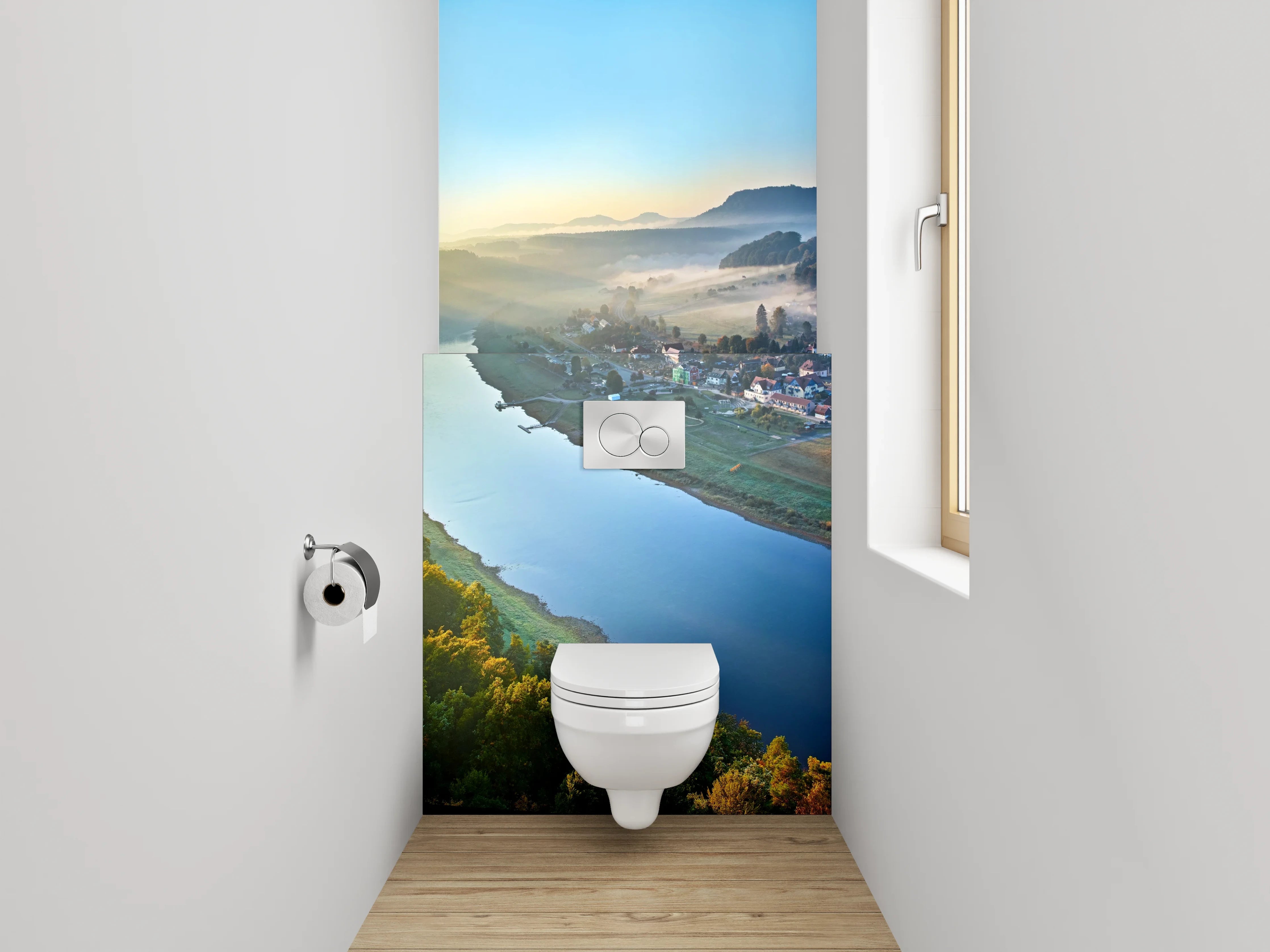 WC-Rückwand - Romantische Flusslandschaft im Morgenlicht