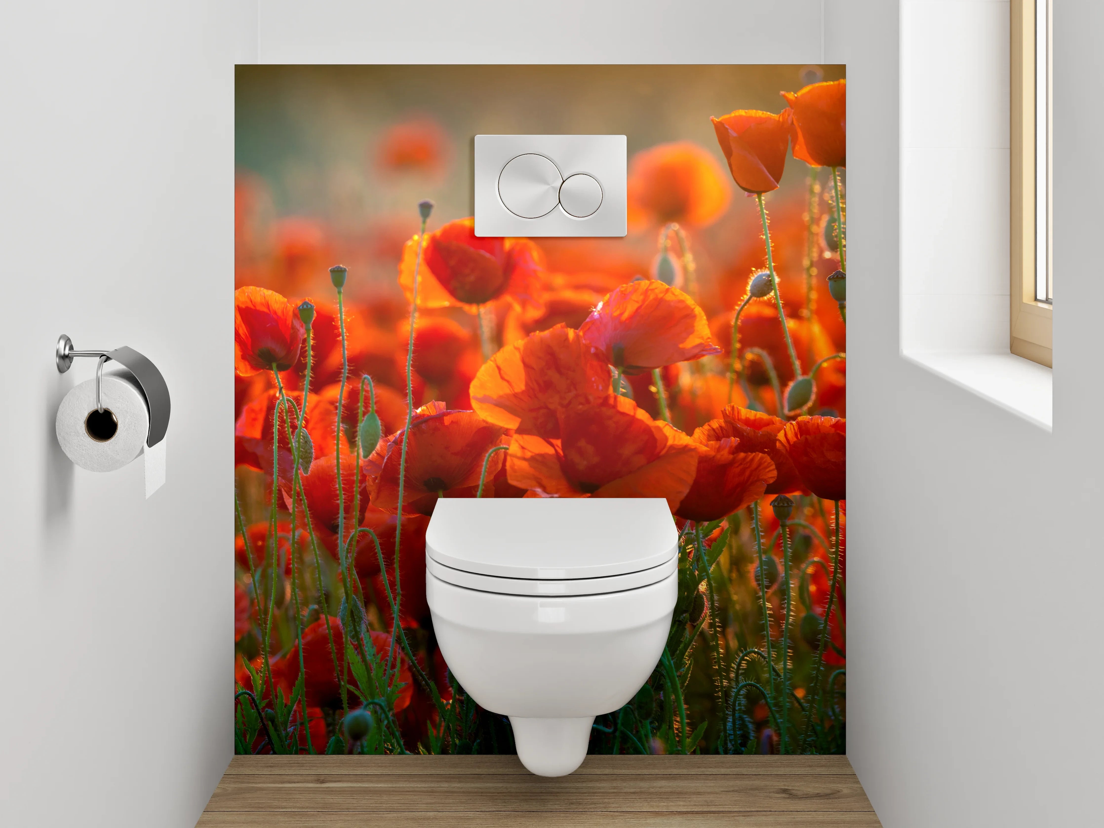 WC-Rückwand - Romantische Mohnblumenwiese im Sonnenlicht