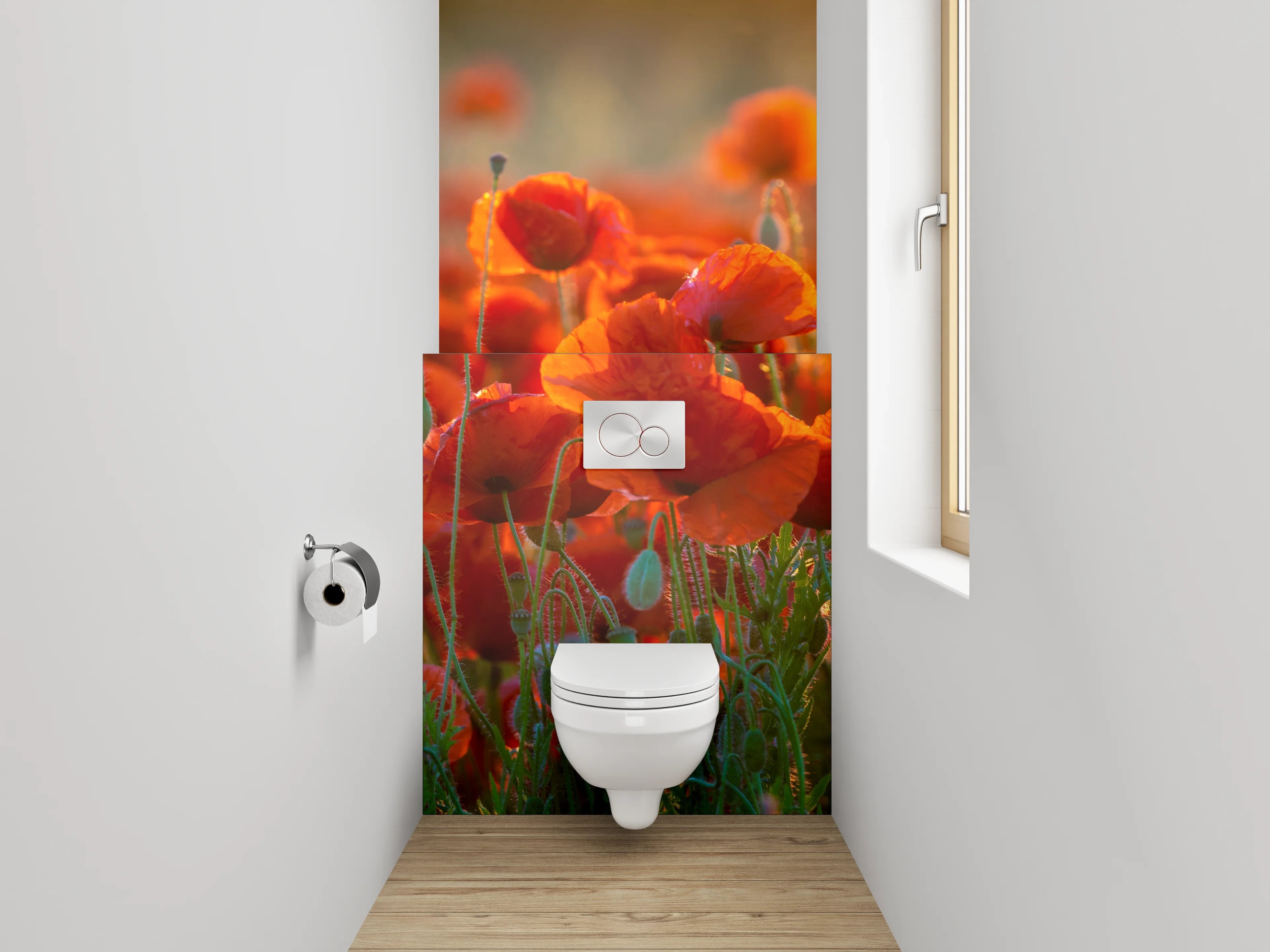 WC-Rückwand - Romantische Mohnblumenwiese im Sonnenlicht