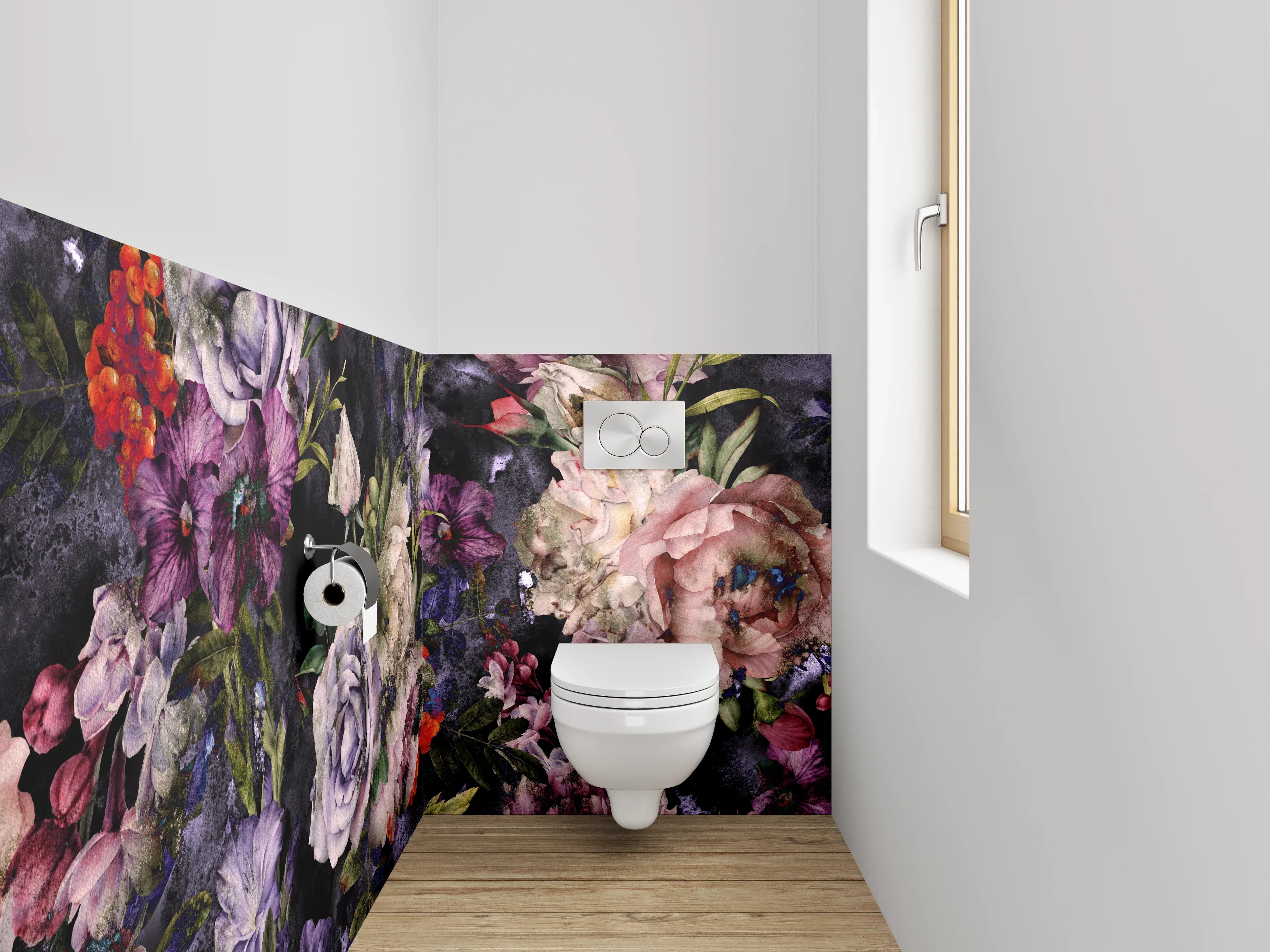 WC-Rückwand - Romantische Vintage-Blumen auf dunklem Grund