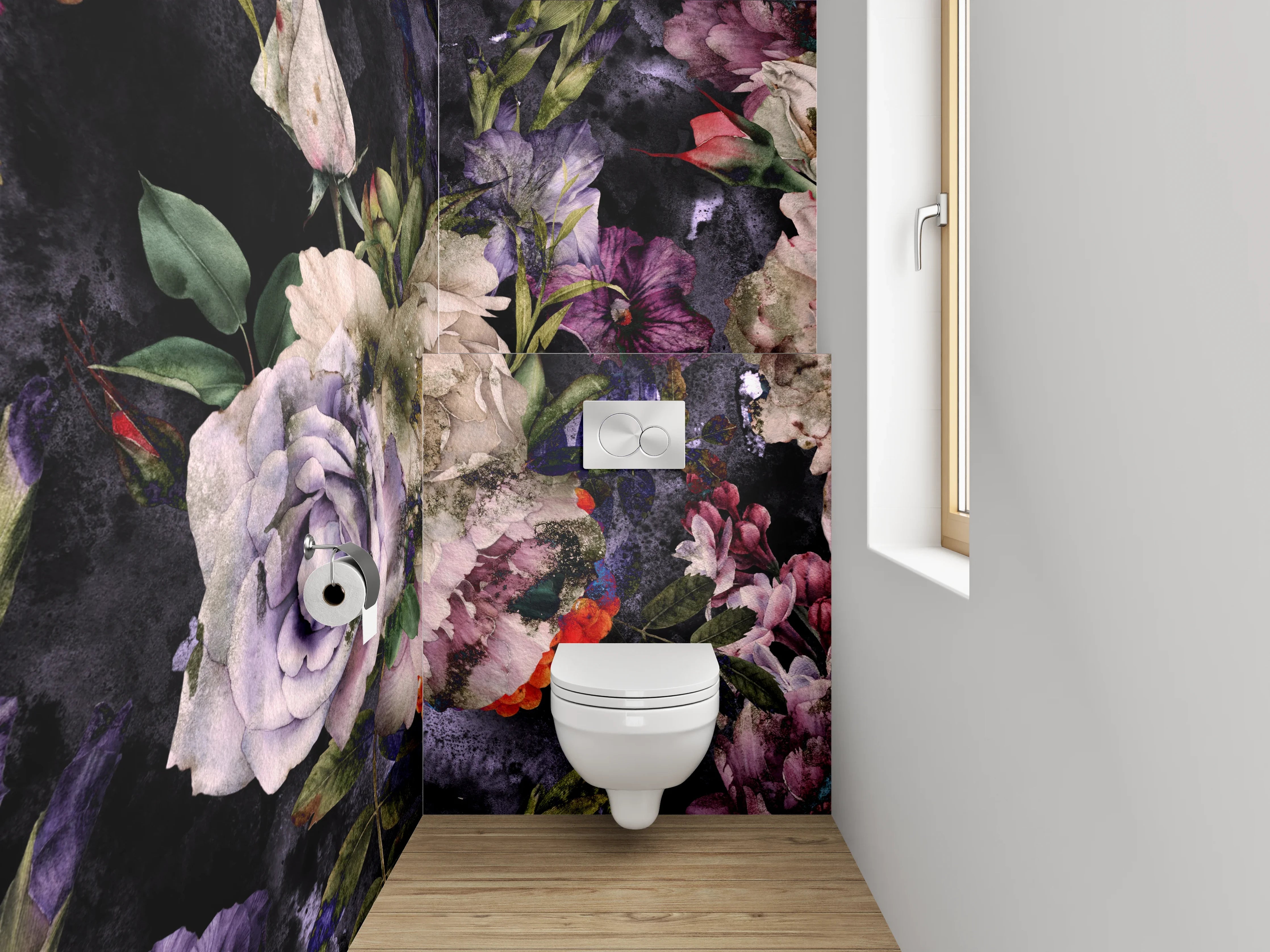 WC-Rückwand - Romantische Vintage-Blumen auf dunklem Grund