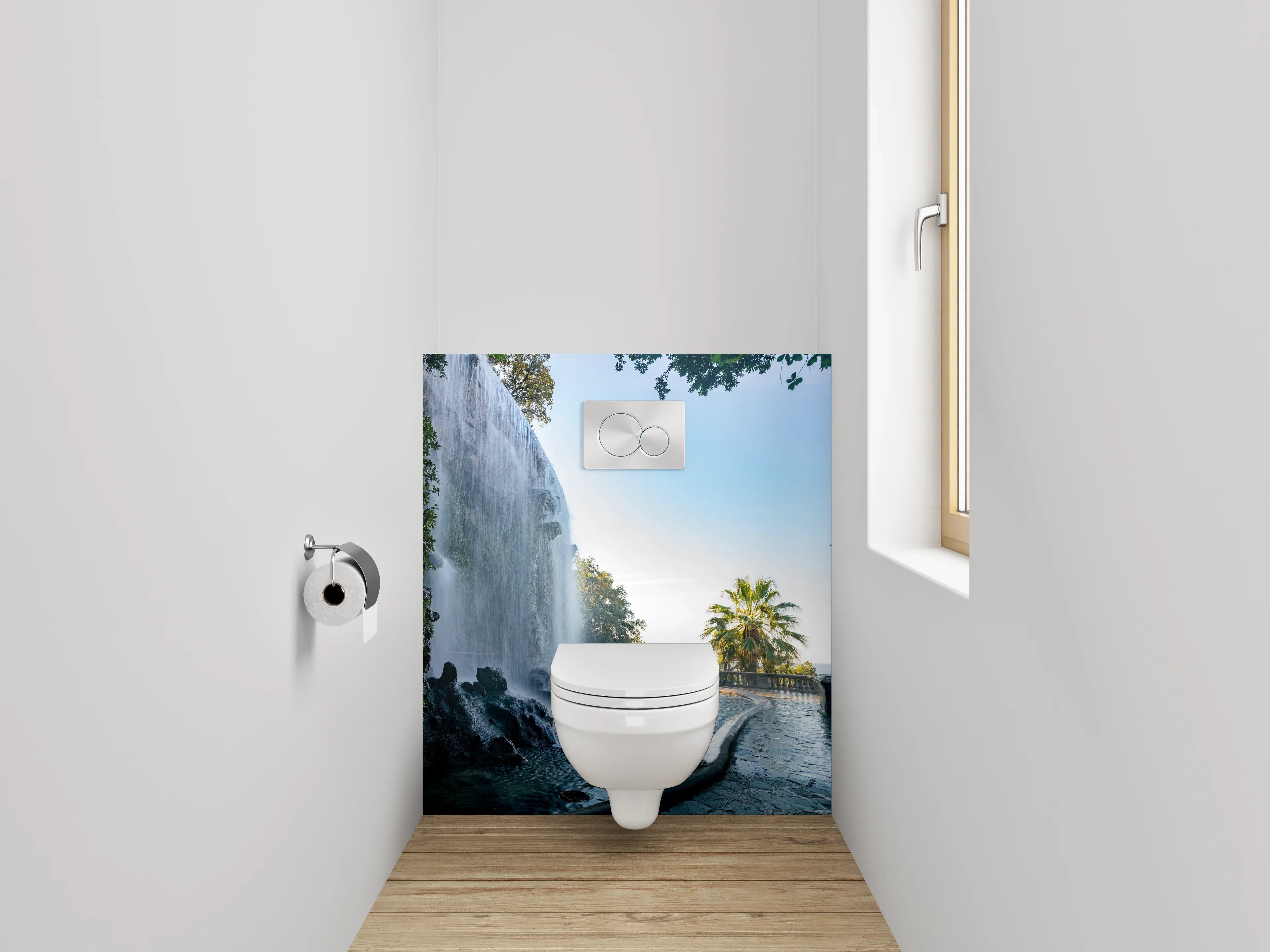 WC-Rückwand - Romantischer Wasserfall mit Palmenblick