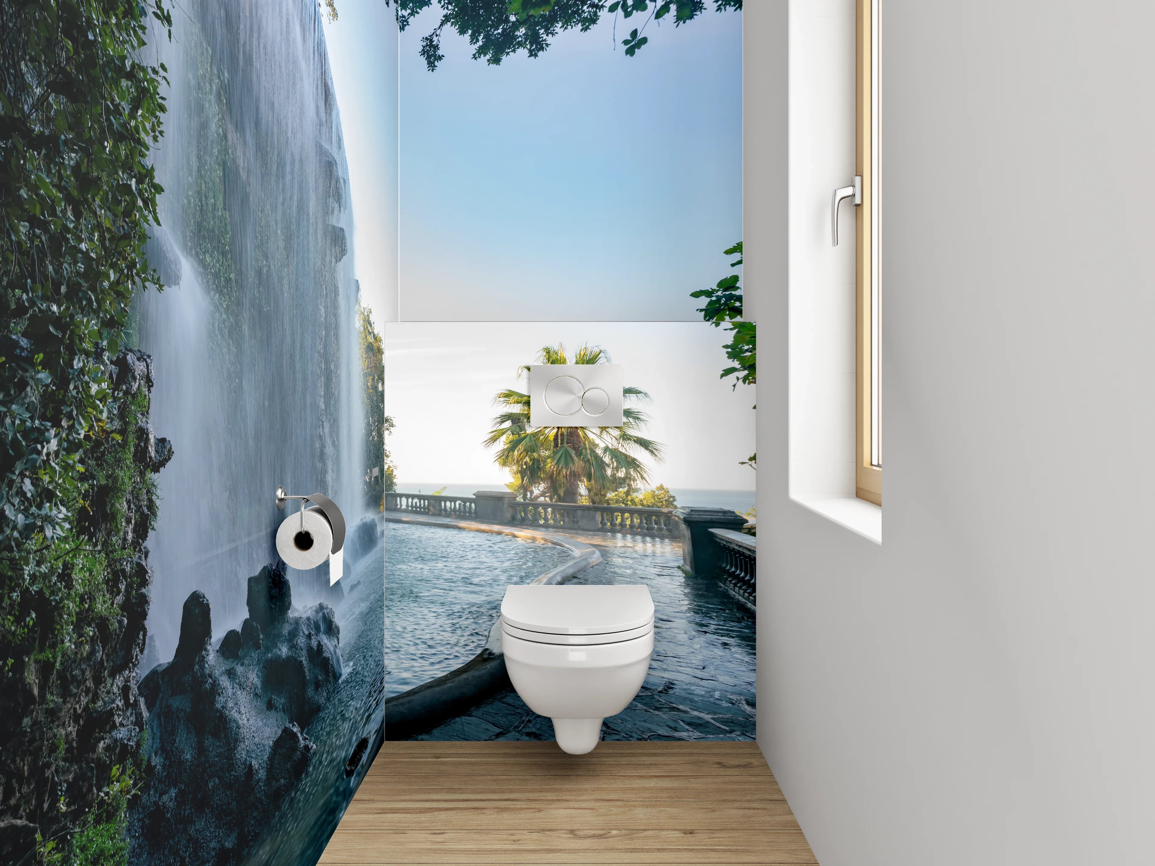 WC-Rückwand - Romantischer Wasserfall mit Palmenblick