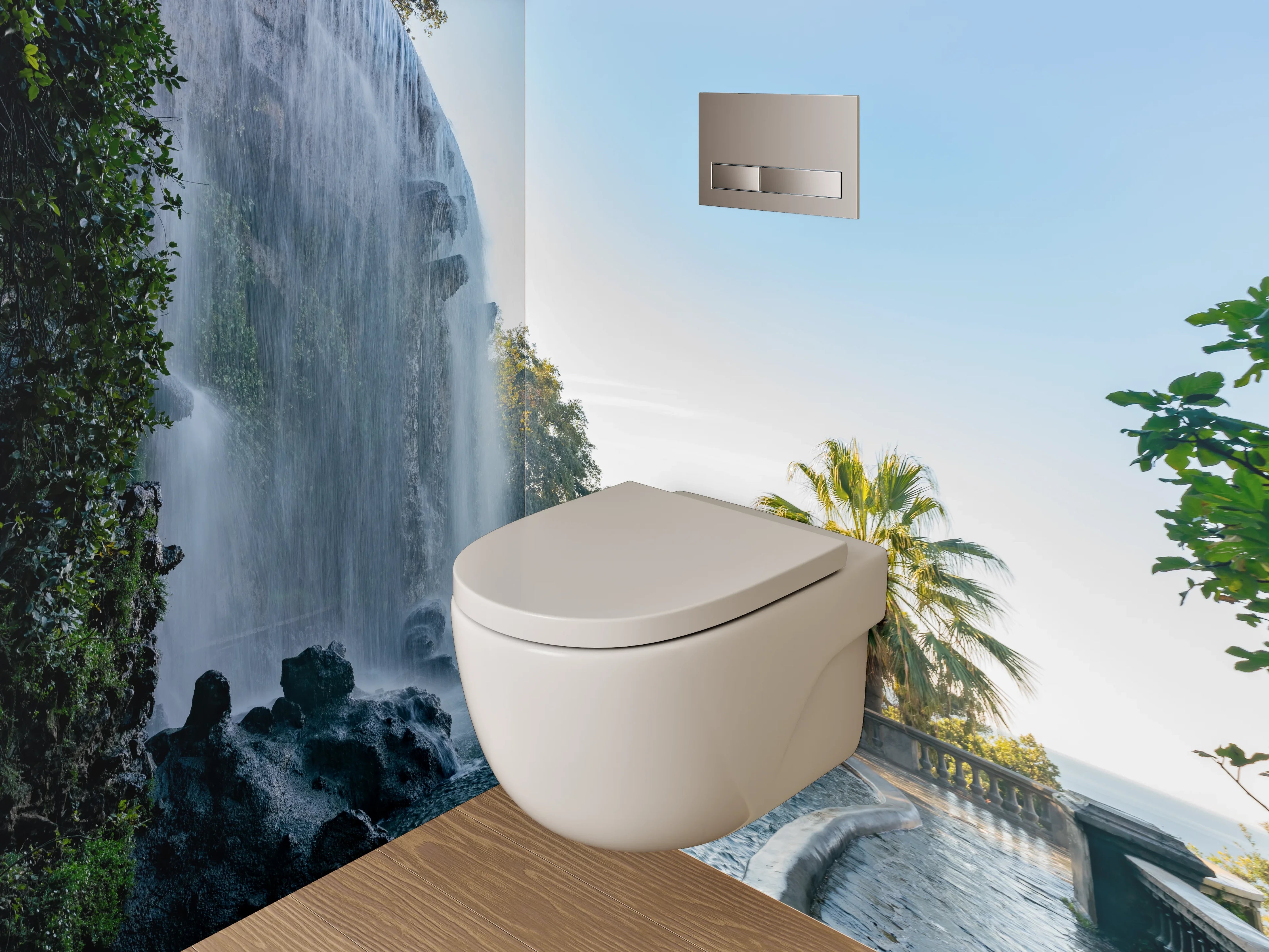 WC-Rückwand - Romantischer Wasserfall mit Palmenblick