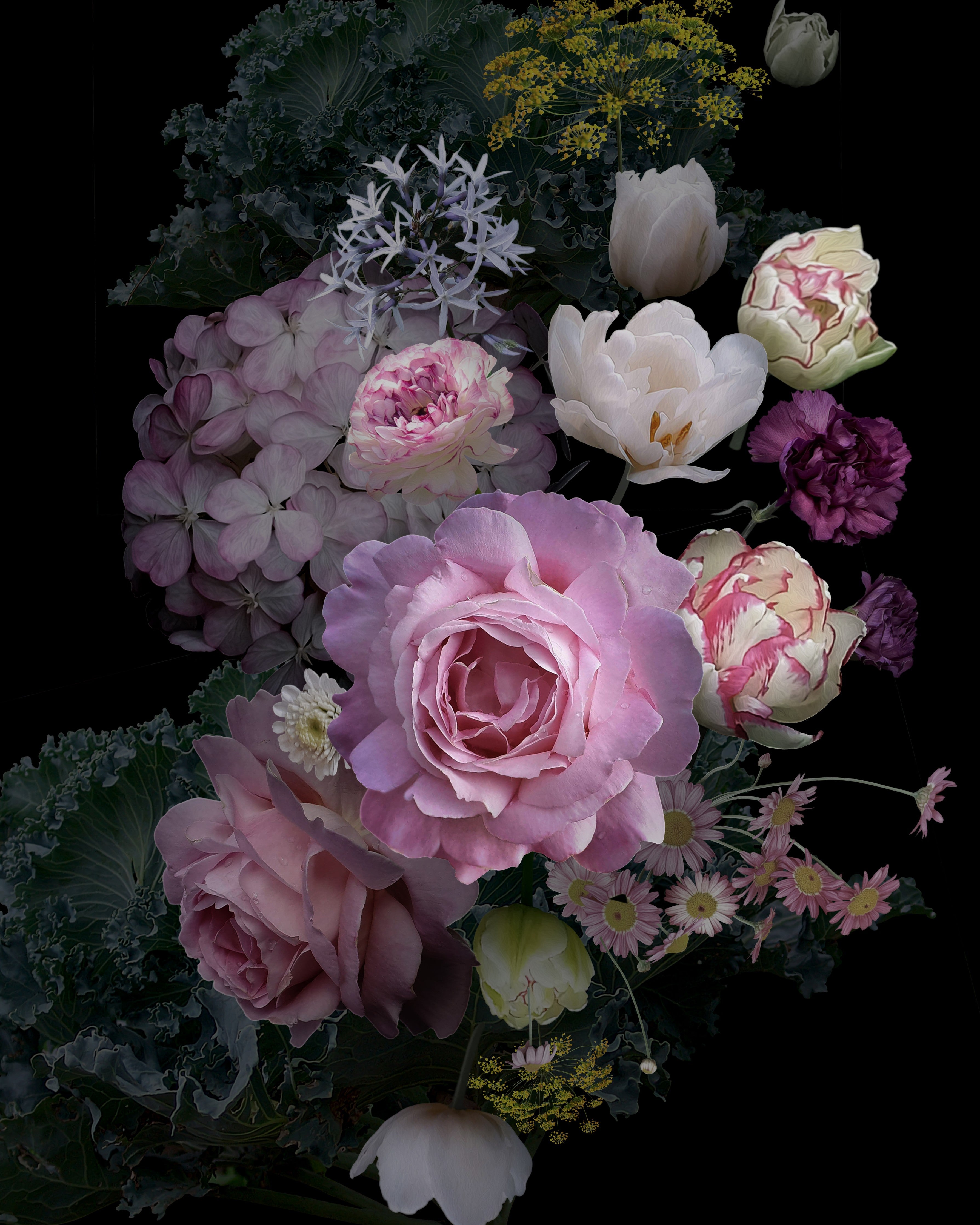 WC-Rückwand-Romantisches Blumenbouquet auf Schwarz