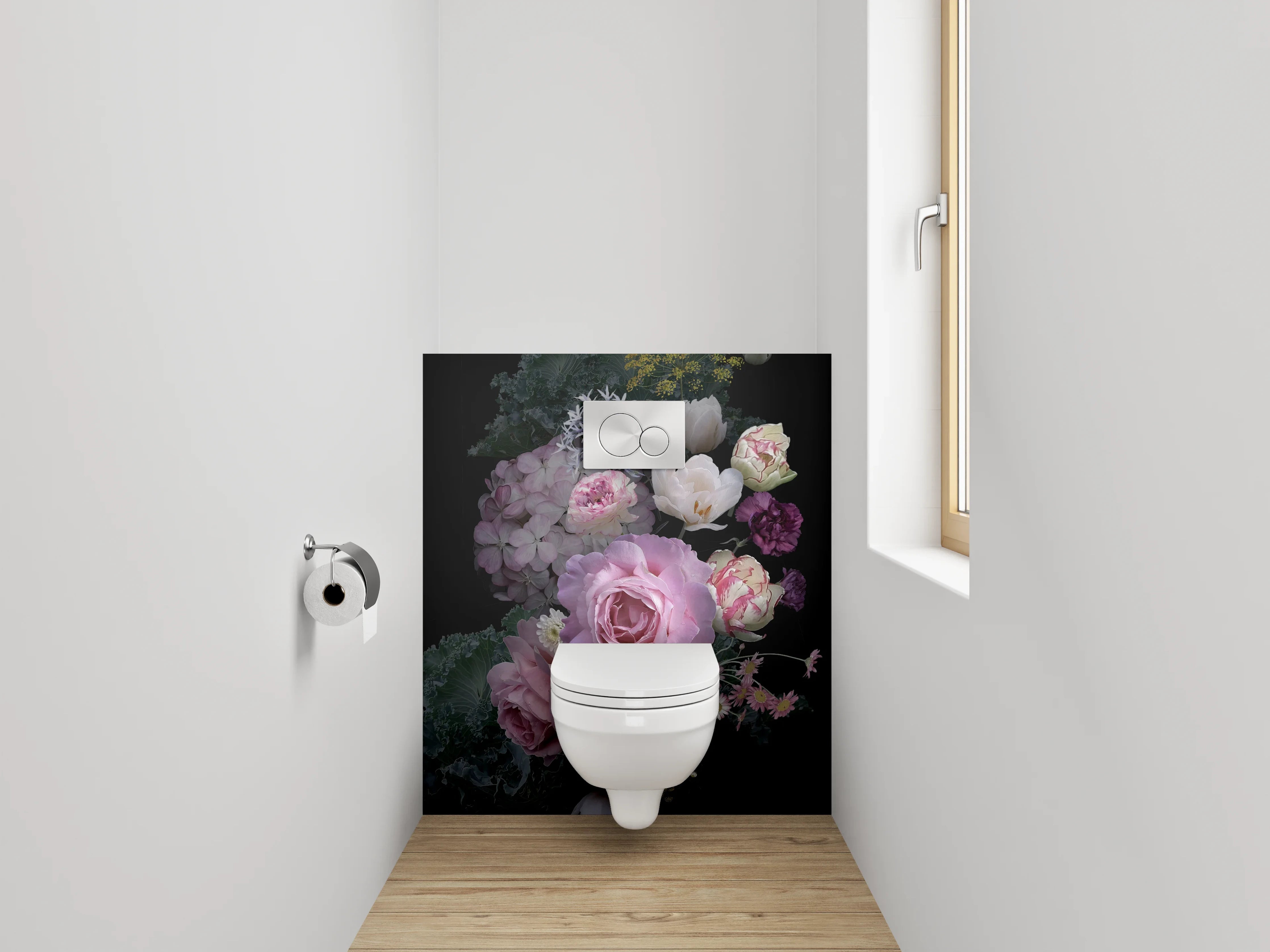 WC-Rückwand - Romantisches Blumenbouquet auf Schwarz