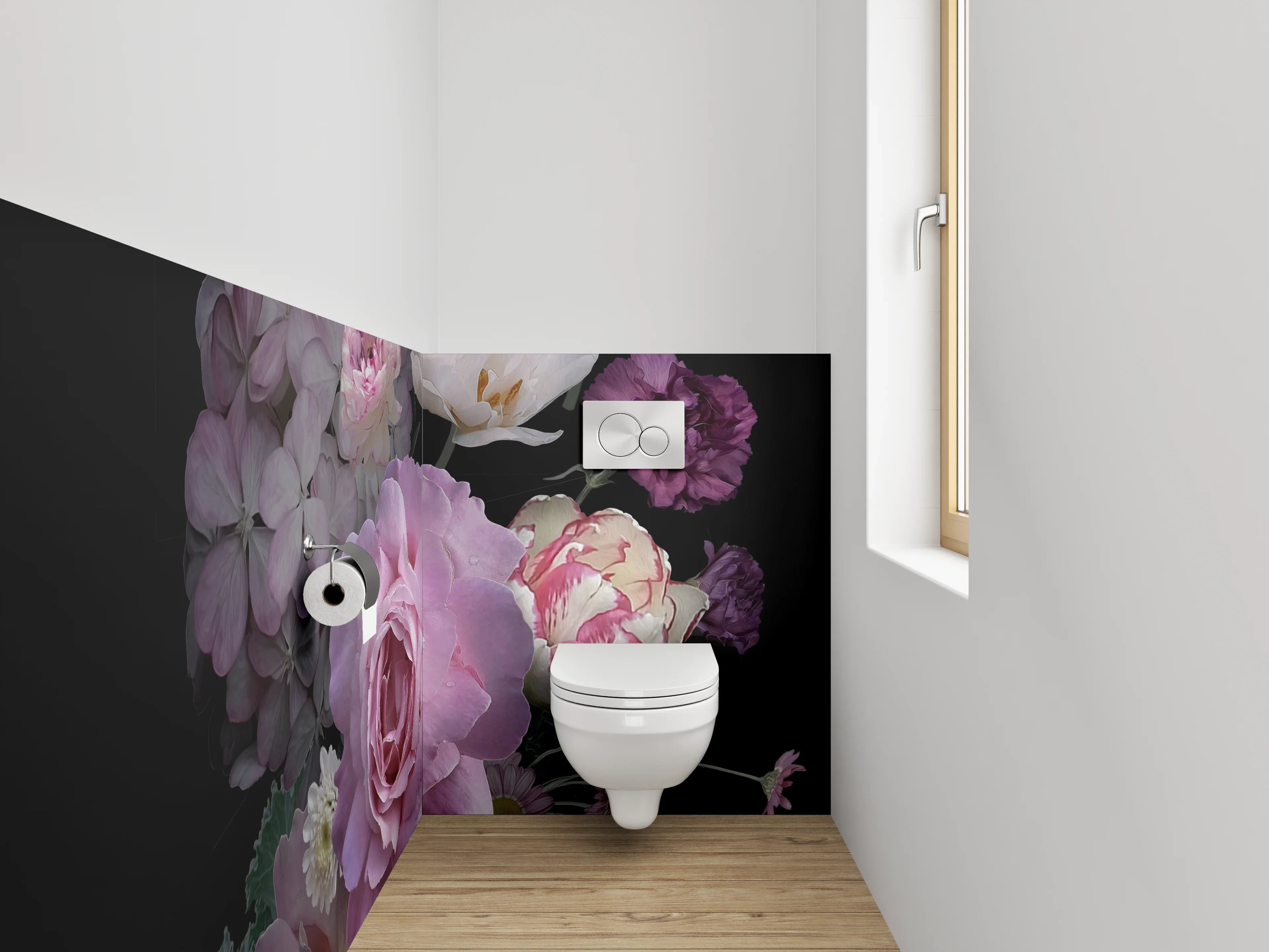 WC-Rückwand - Romantisches Blumenbouquet auf Schwarz
