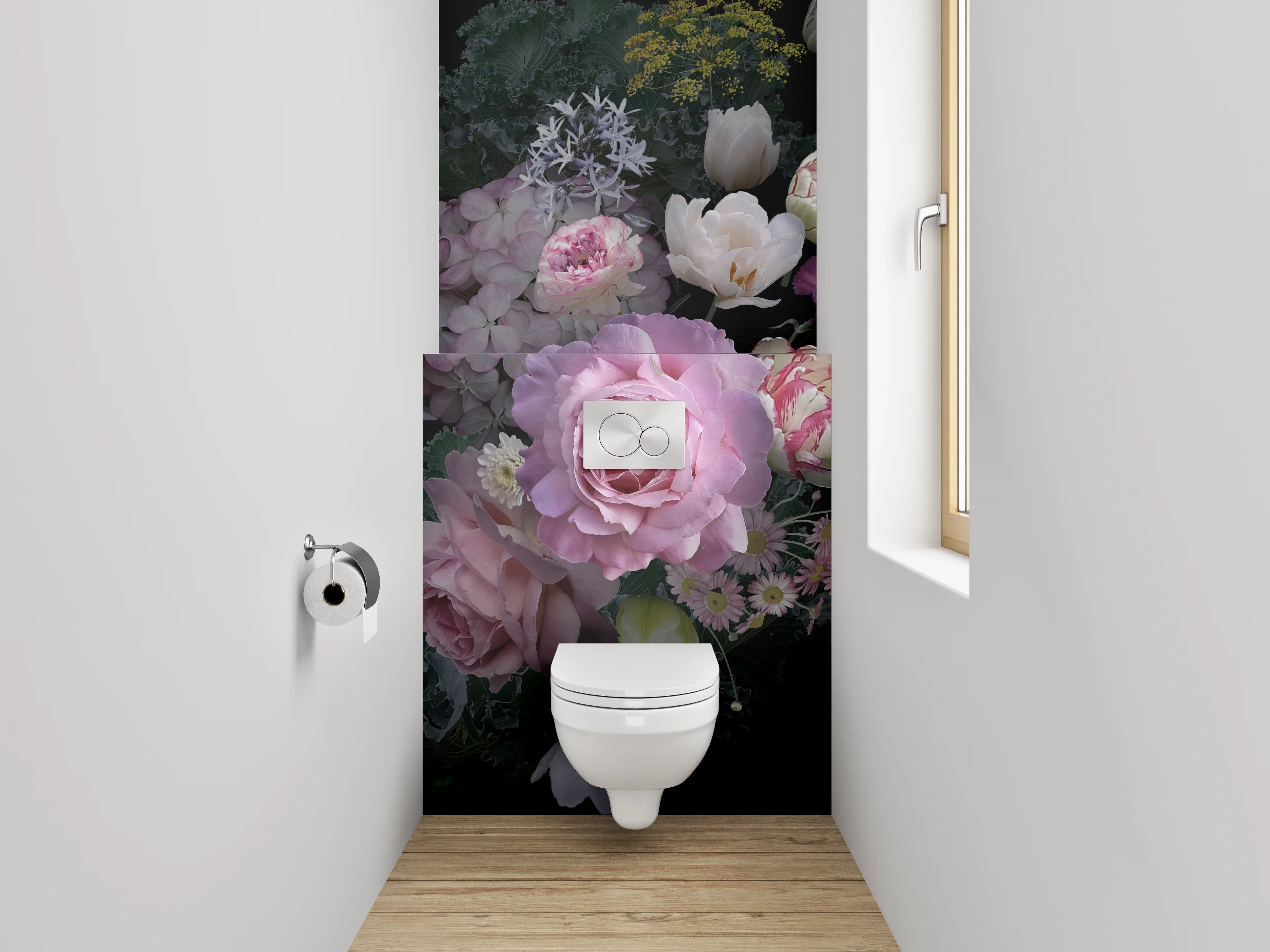 WC-Rückwand - Romantisches Blumenbouquet auf Schwarz