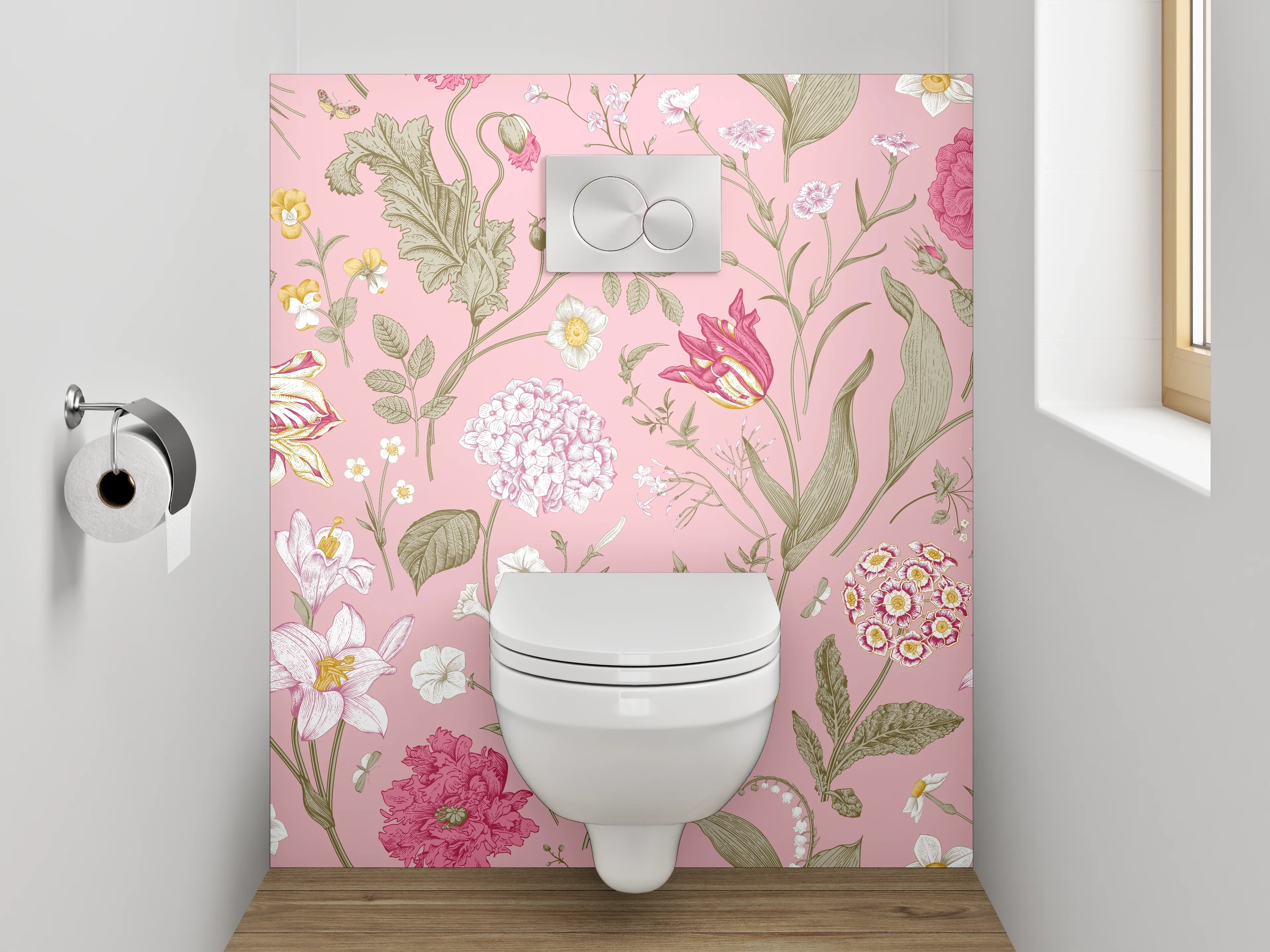 WC-Rückwand - Romantisches Blumenmuster auf Rosa