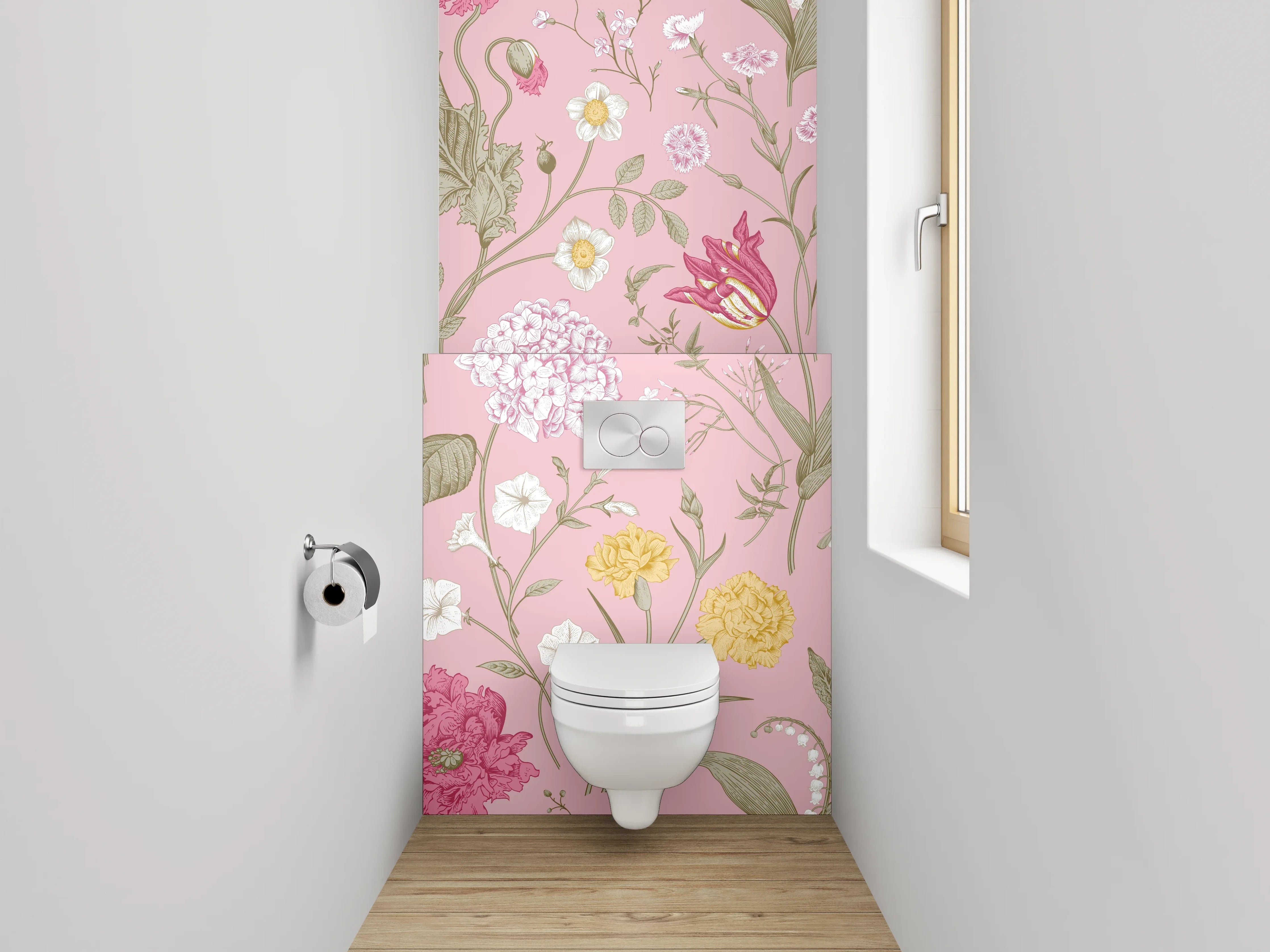 WC-Rückwand - Romantisches Blumenmuster auf Rosa