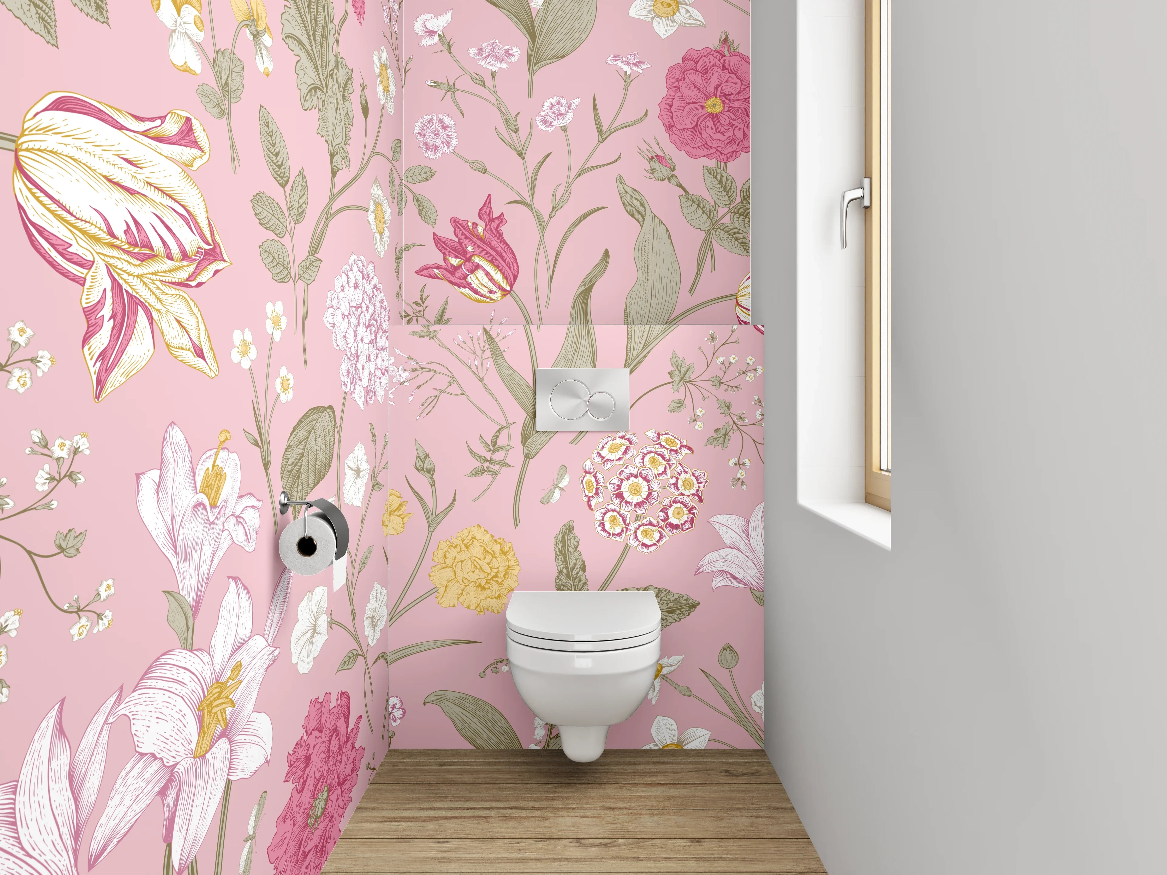 WC-Rückwand - Romantisches Blumenmuster auf Rosa