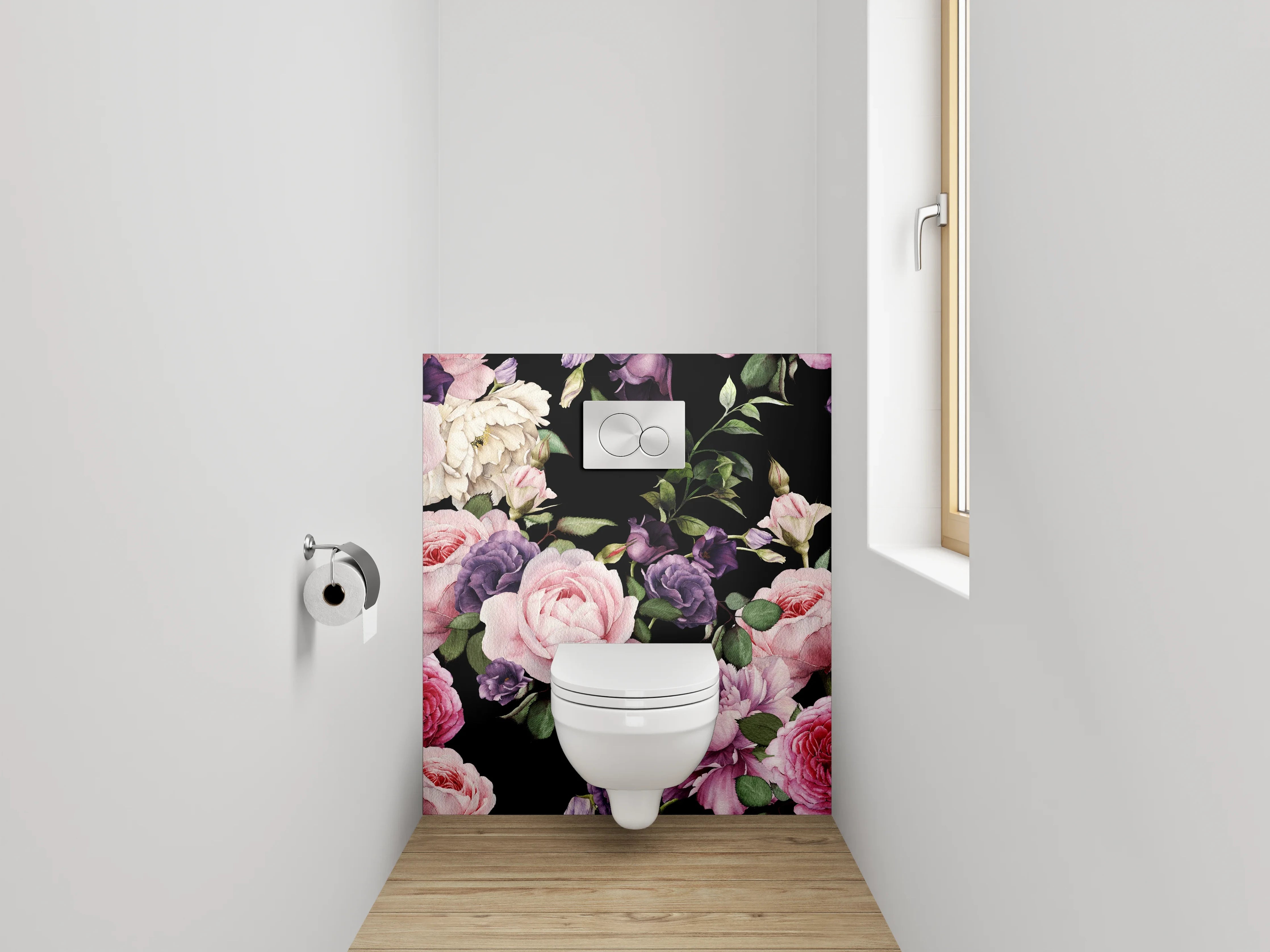 WC-Rückwand - Romantisches Blumenmuster auf Schwarz