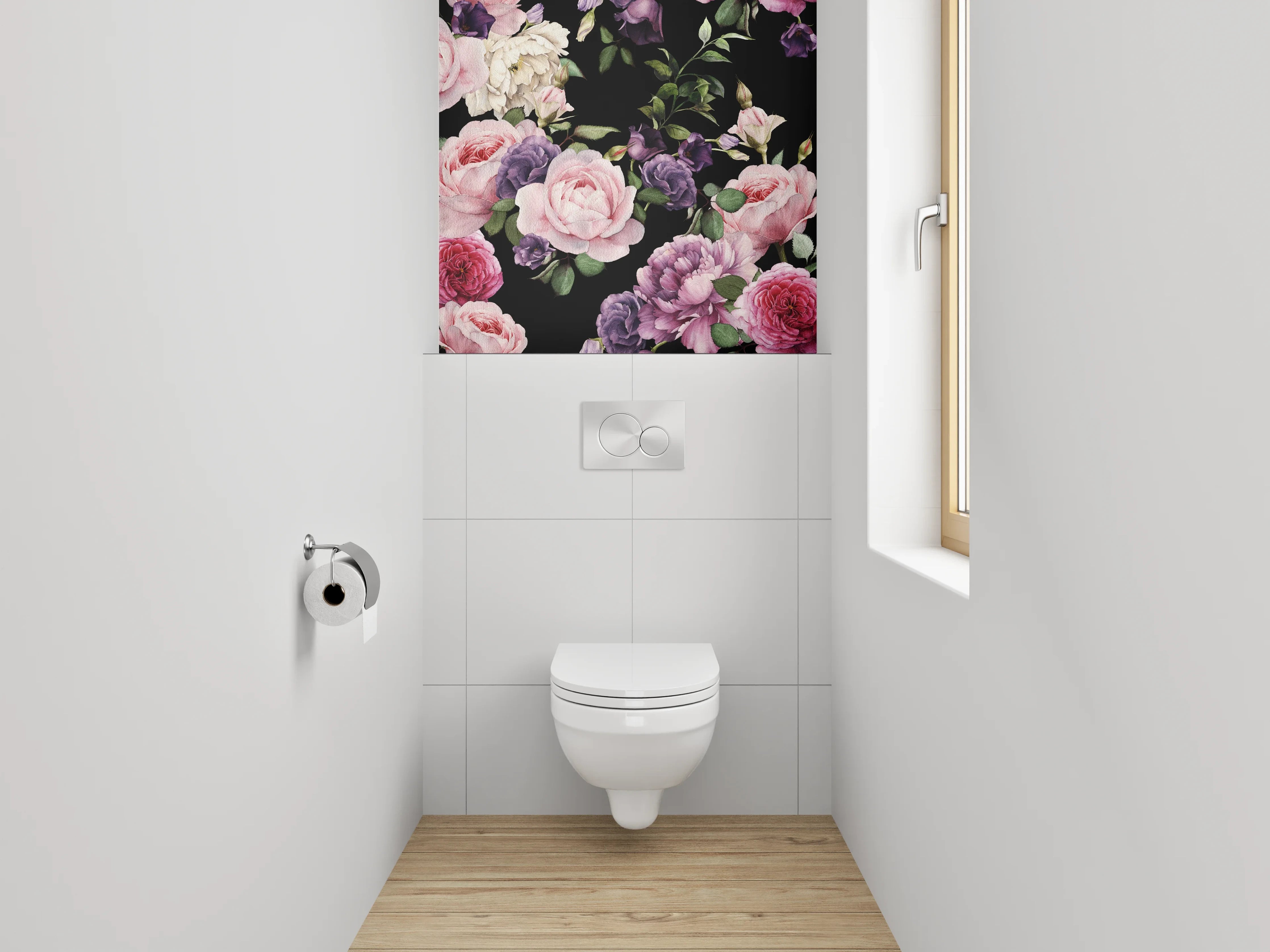 WC-Rückwand - Romantisches Blumenmuster auf Schwarz