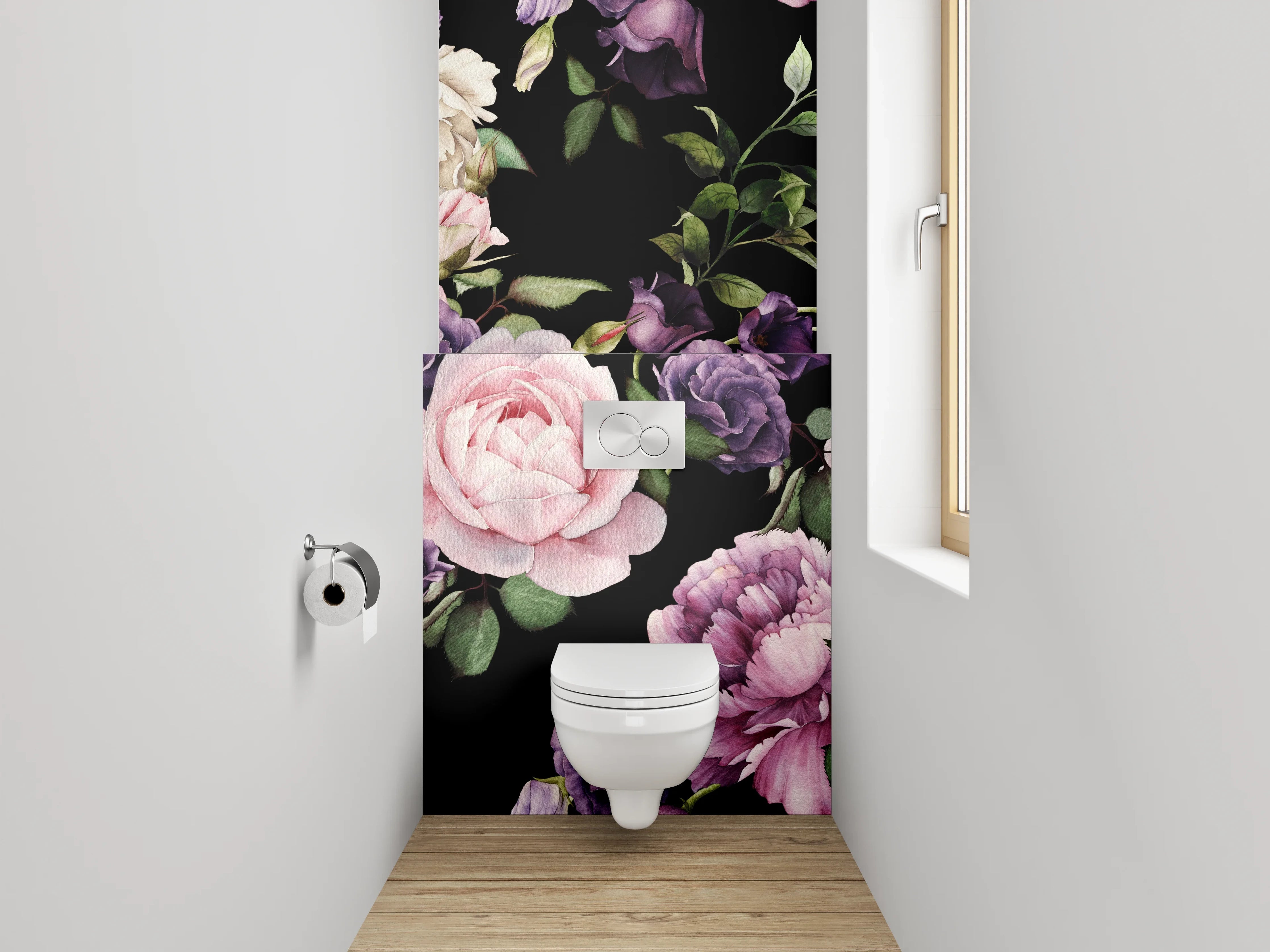 WC-Rückwand - Romantisches Blumenmuster auf Schwarz