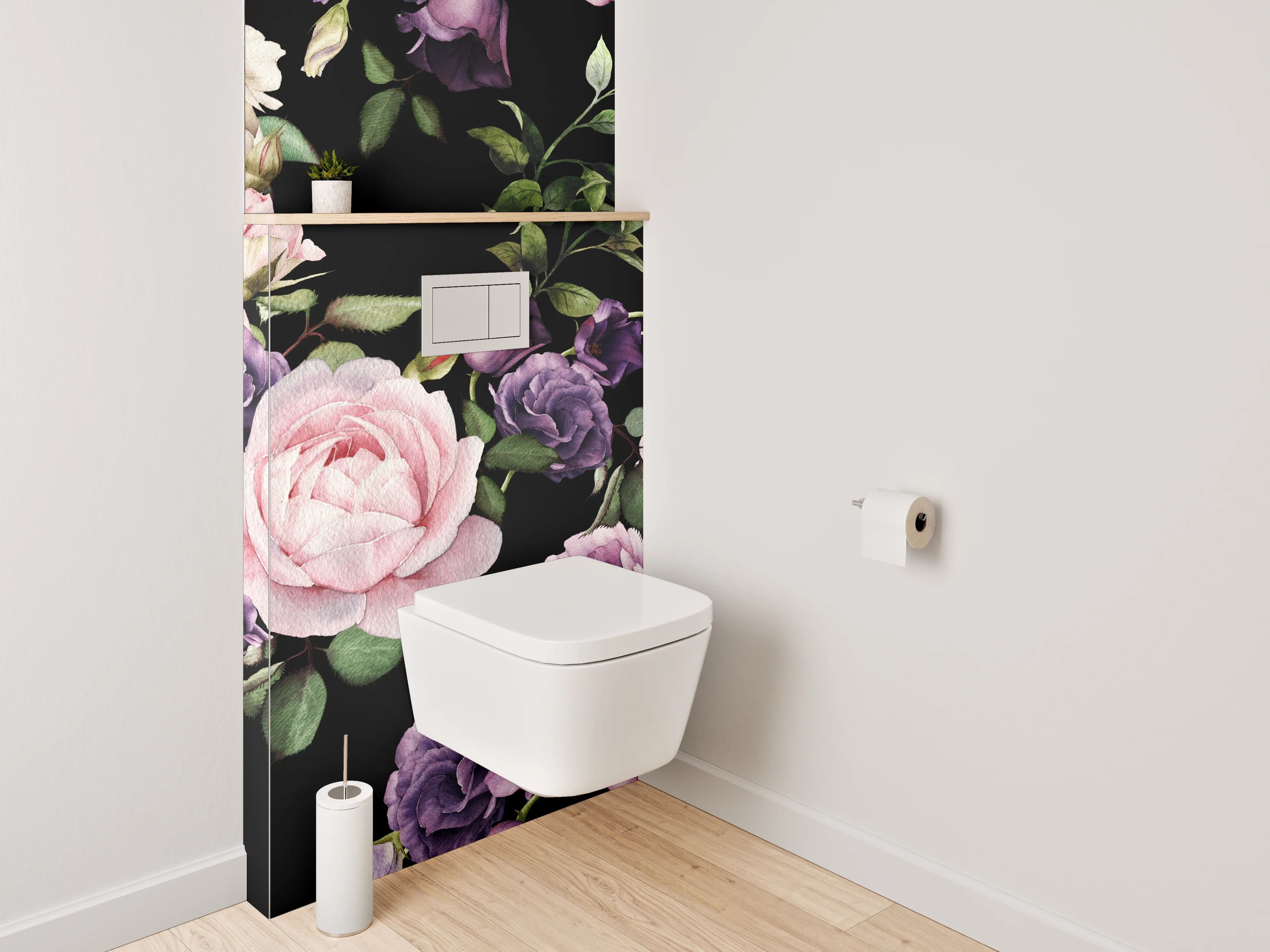 WC-Rückwand - Romantisches Blumenmuster auf Schwarz