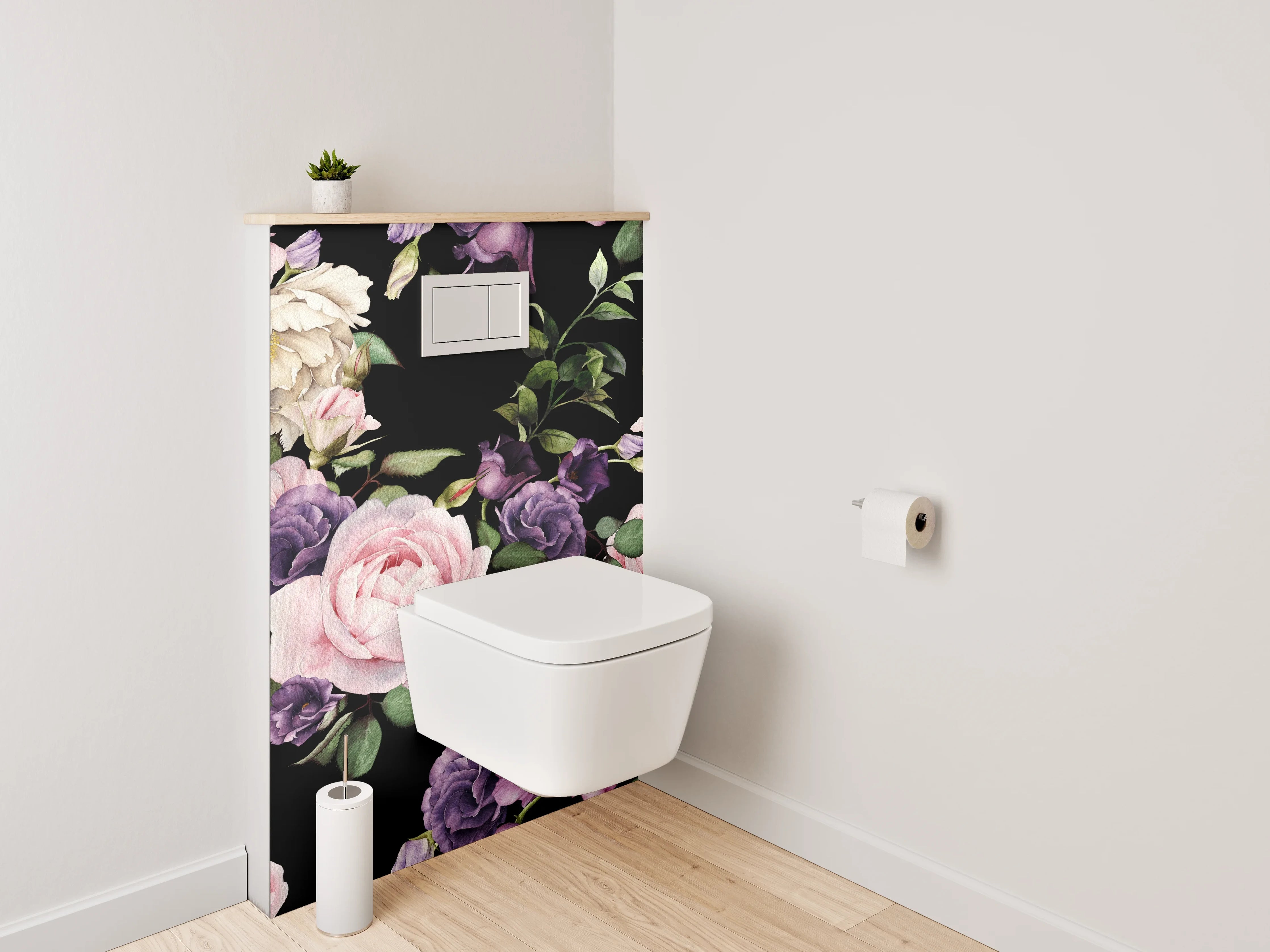 WC-Rückwand - Romantisches Blumenmuster auf Schwarz