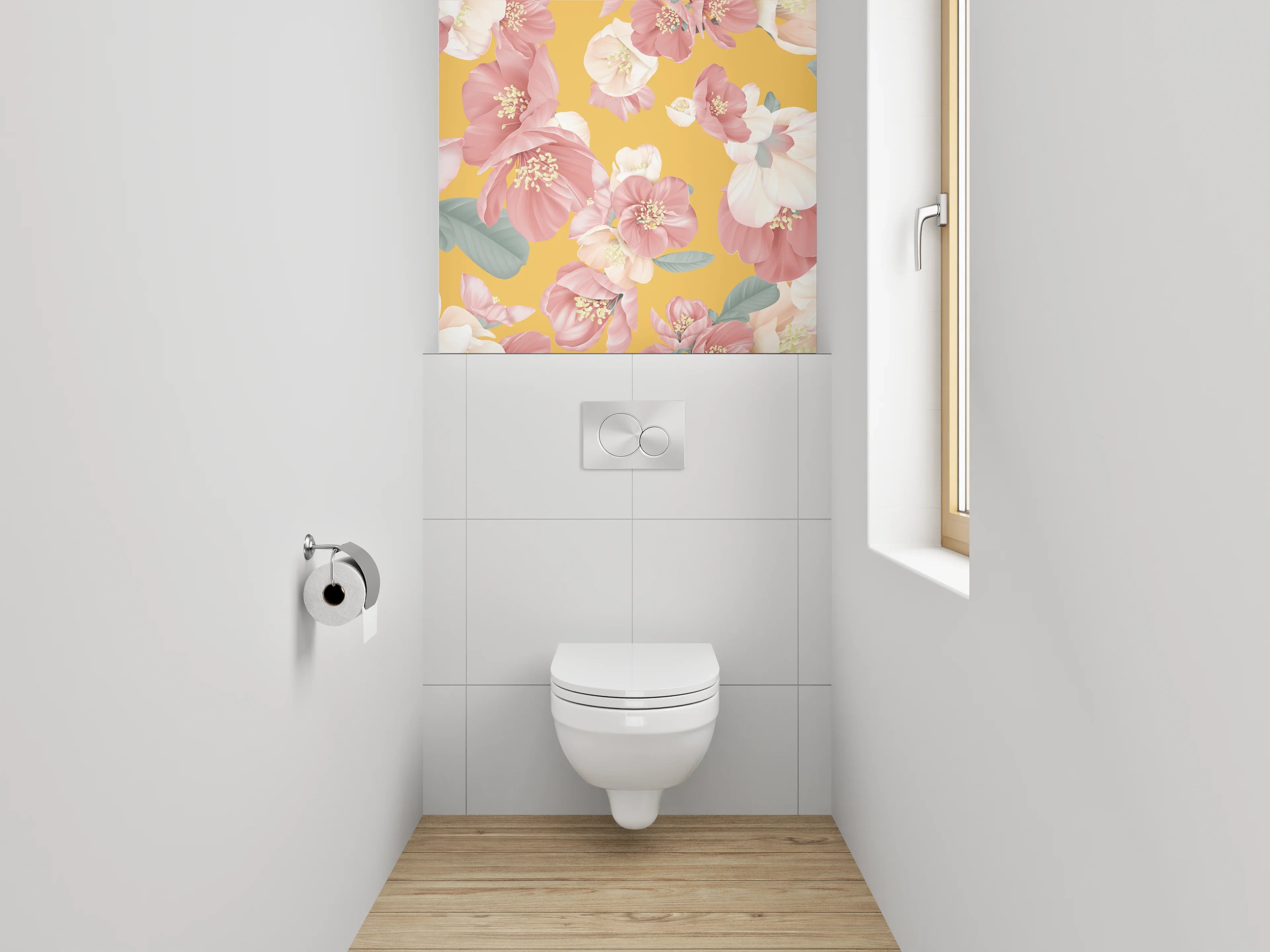 WC-Rückwand - Rosa Blumen Aquarell auf Gelb