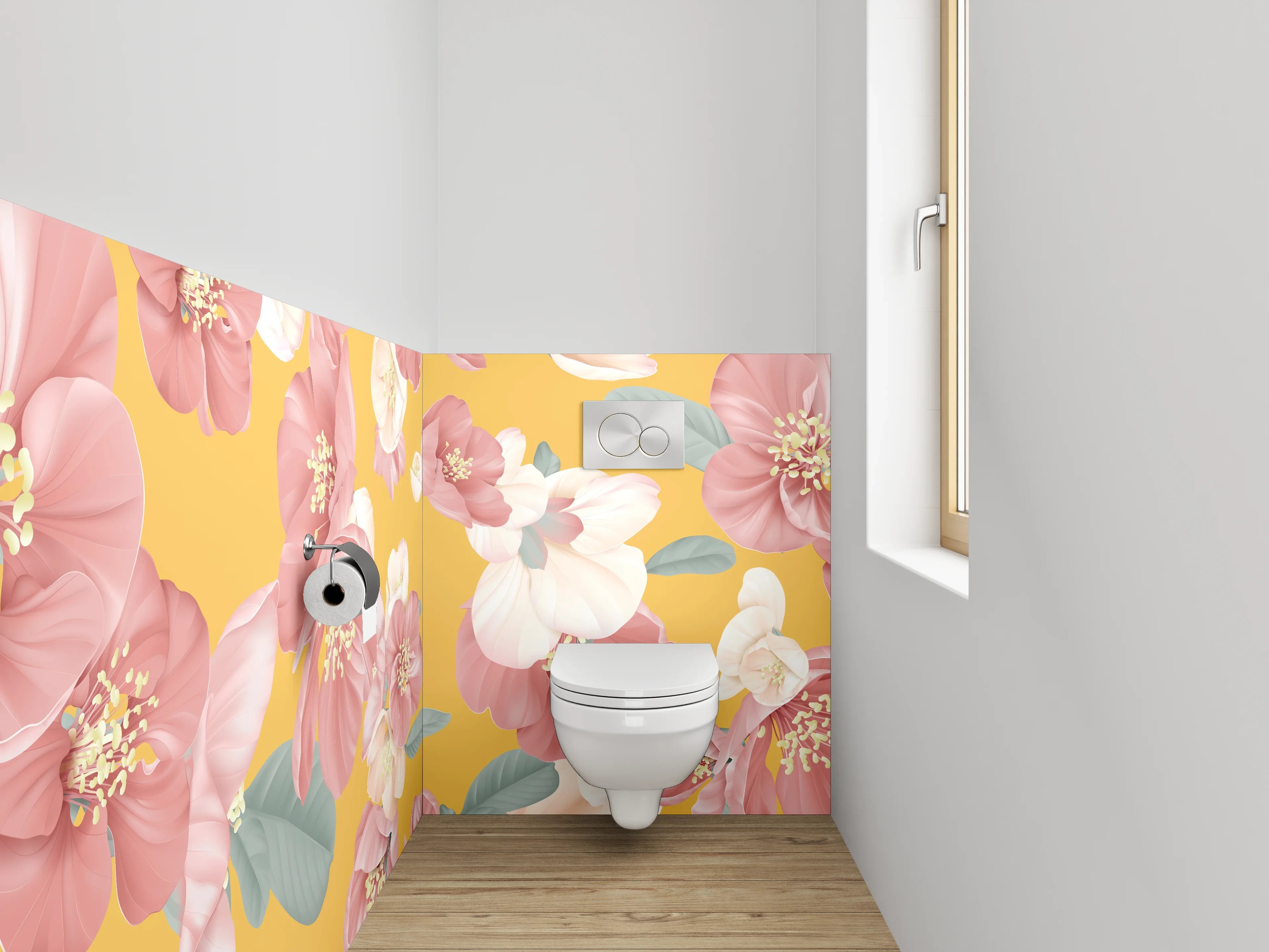 WC-Rückwand - Rosa Blumen Aquarell auf Gelb