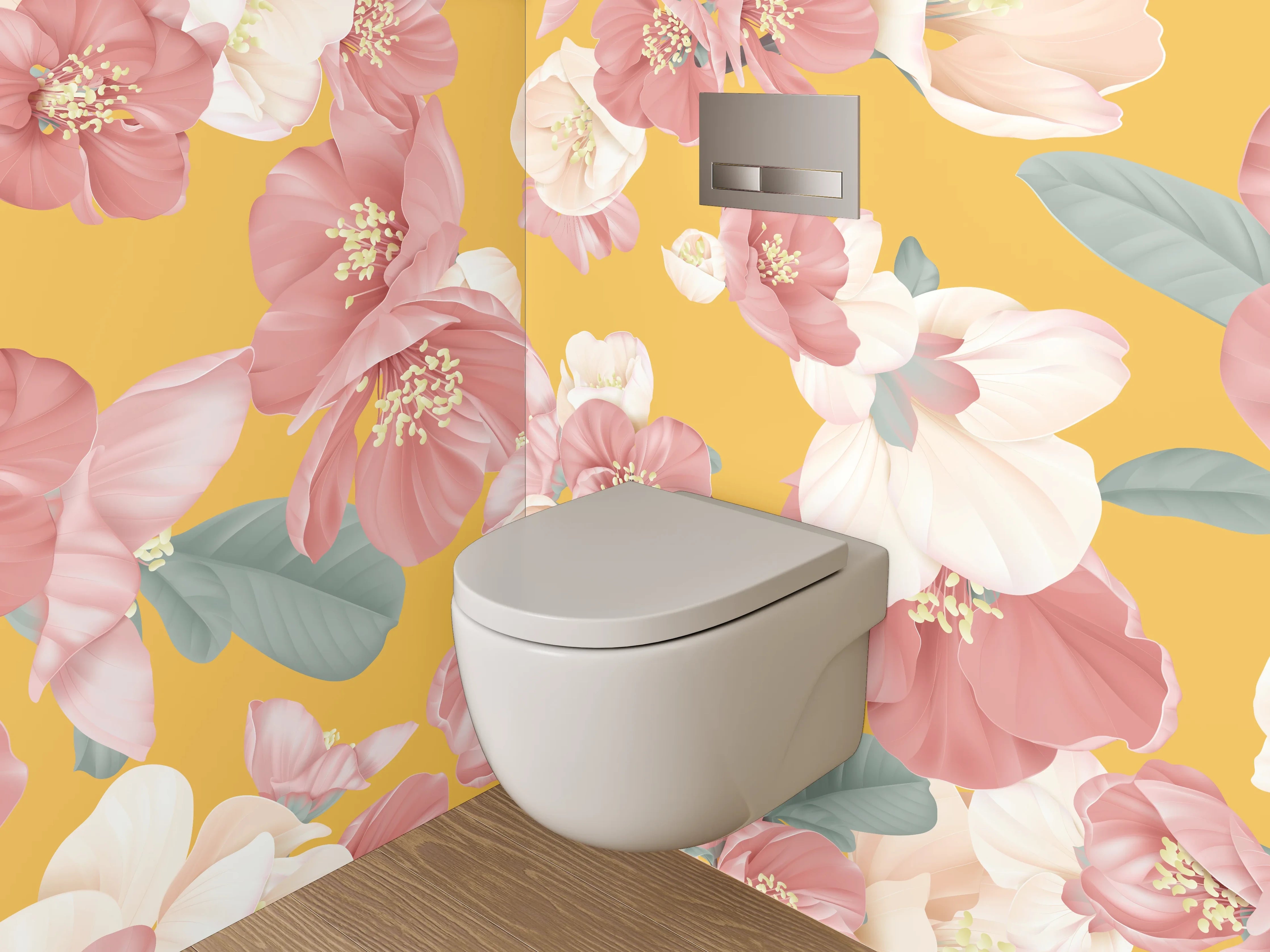 WC-Rückwand - Rosa Blumen Aquarell auf Gelb