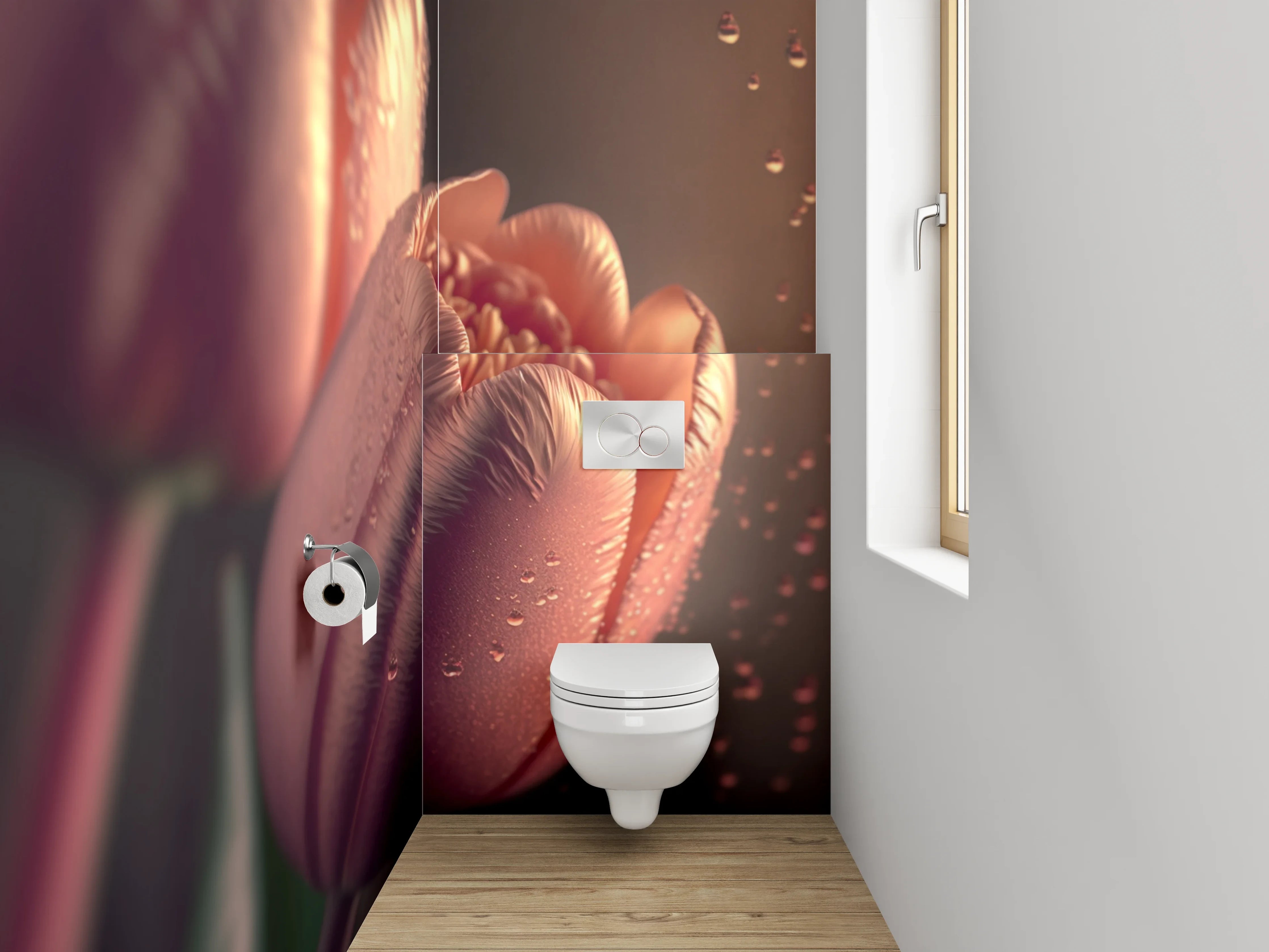WC-Rückwand - Rosafarbene Tulpen mit Tautropfen