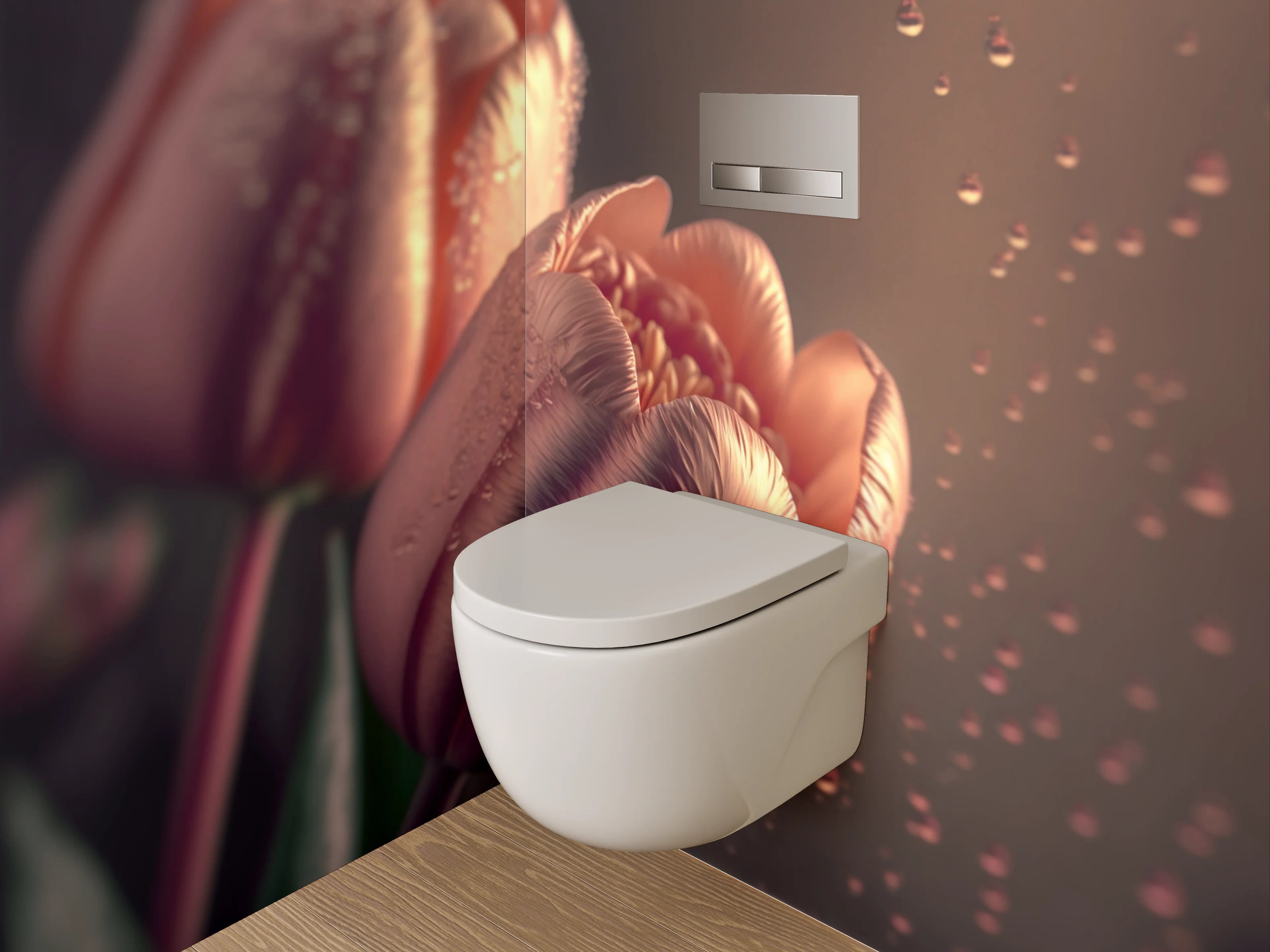 WC-Rückwand - Rosafarbene Tulpen mit Tautropfen