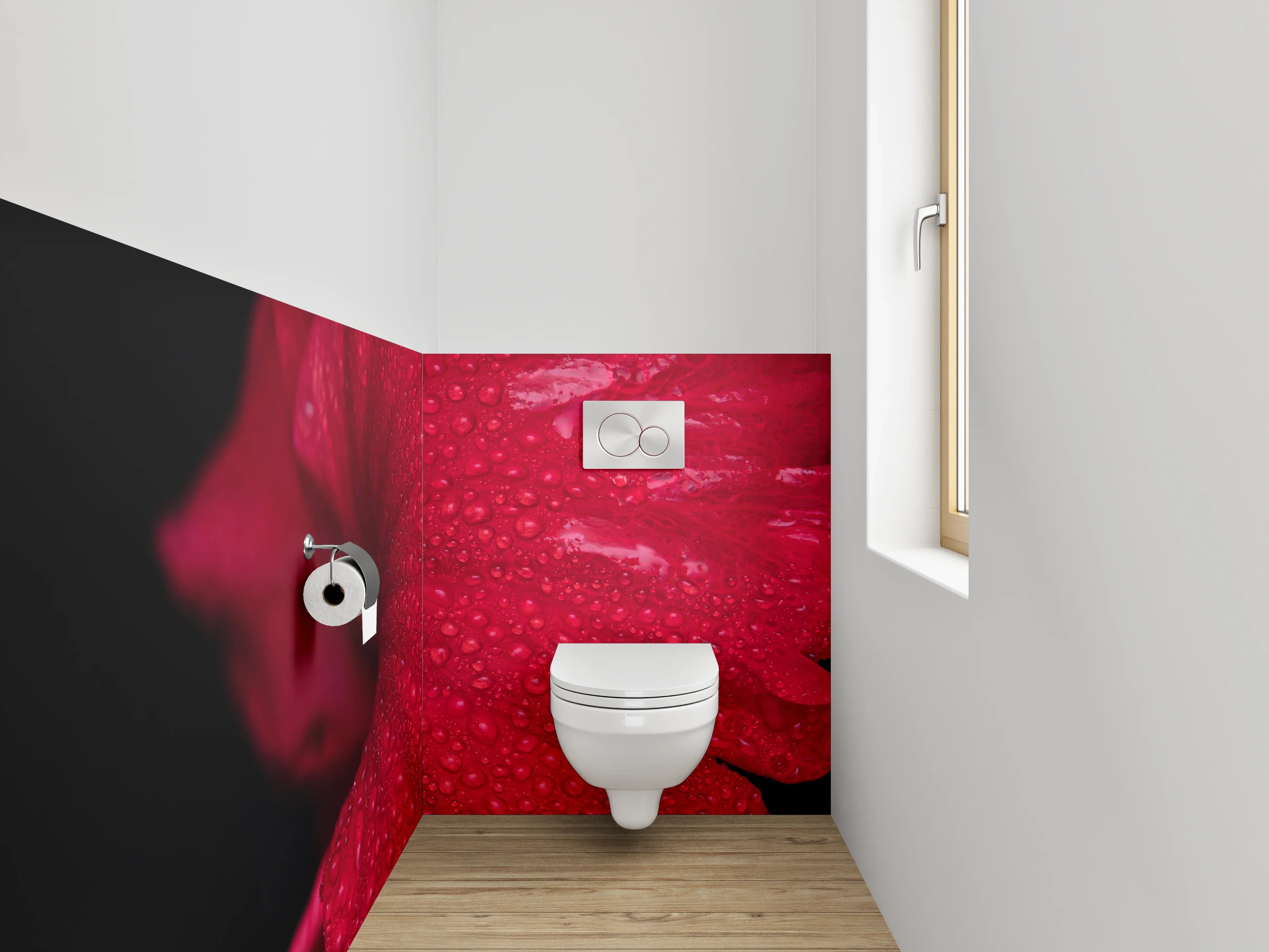 WC-Rückwand - Rote Blütenpracht mit Wassertropfen