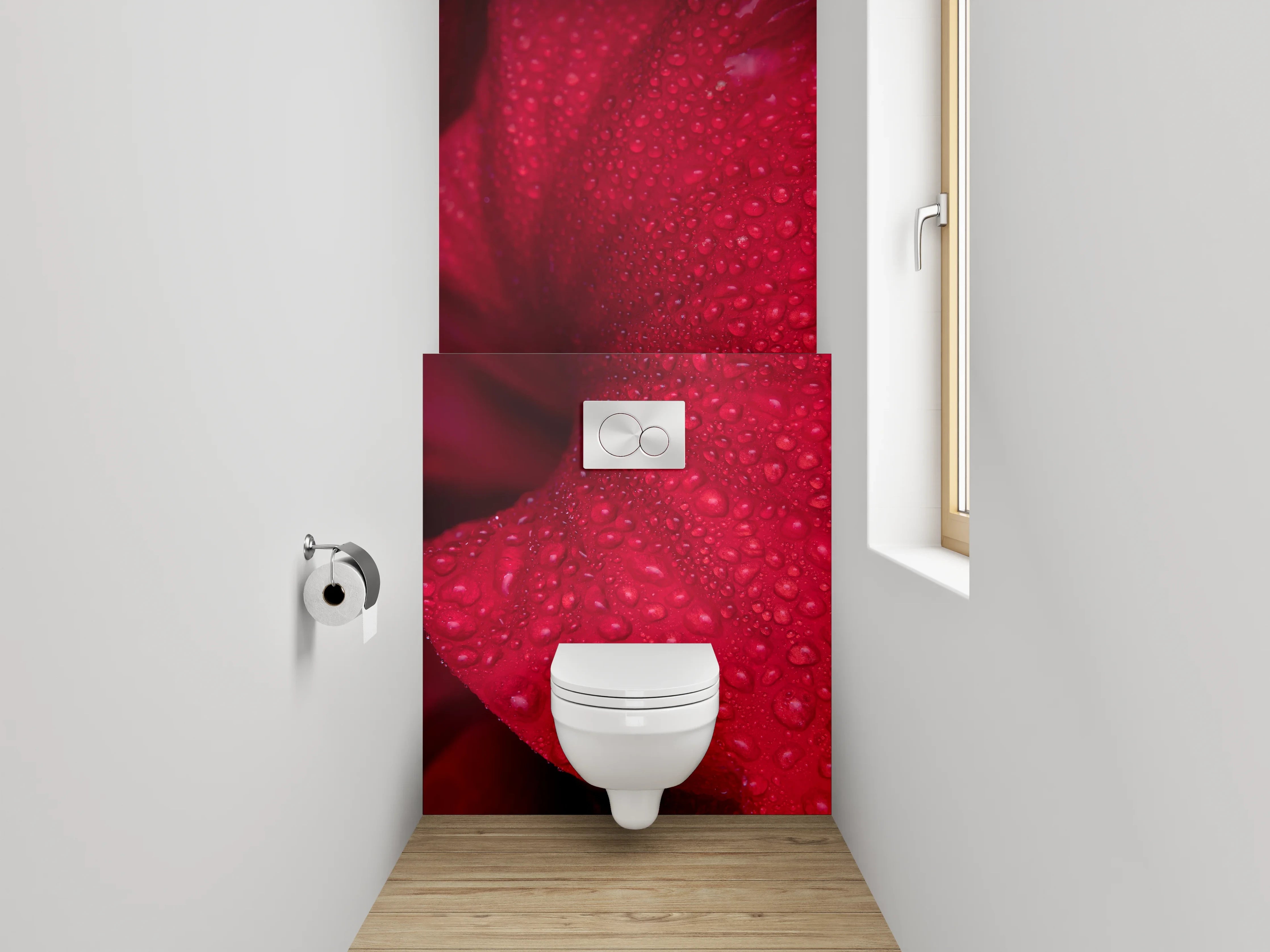 WC-Rückwand - Rote Blütenpracht mit Wassertropfen
