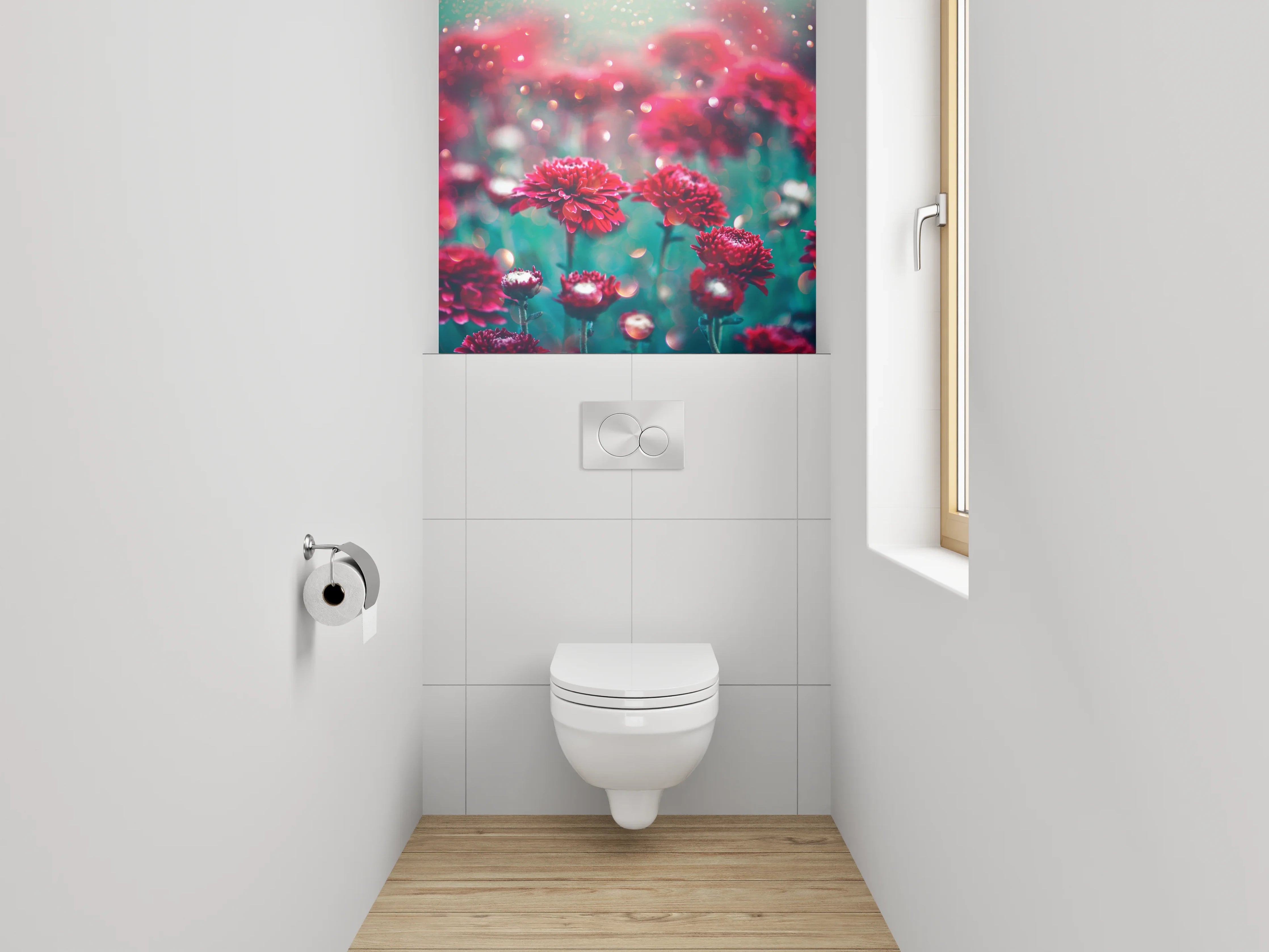 WC-Rückwand - Rote Chrysanthemen mit Glanzlichtern