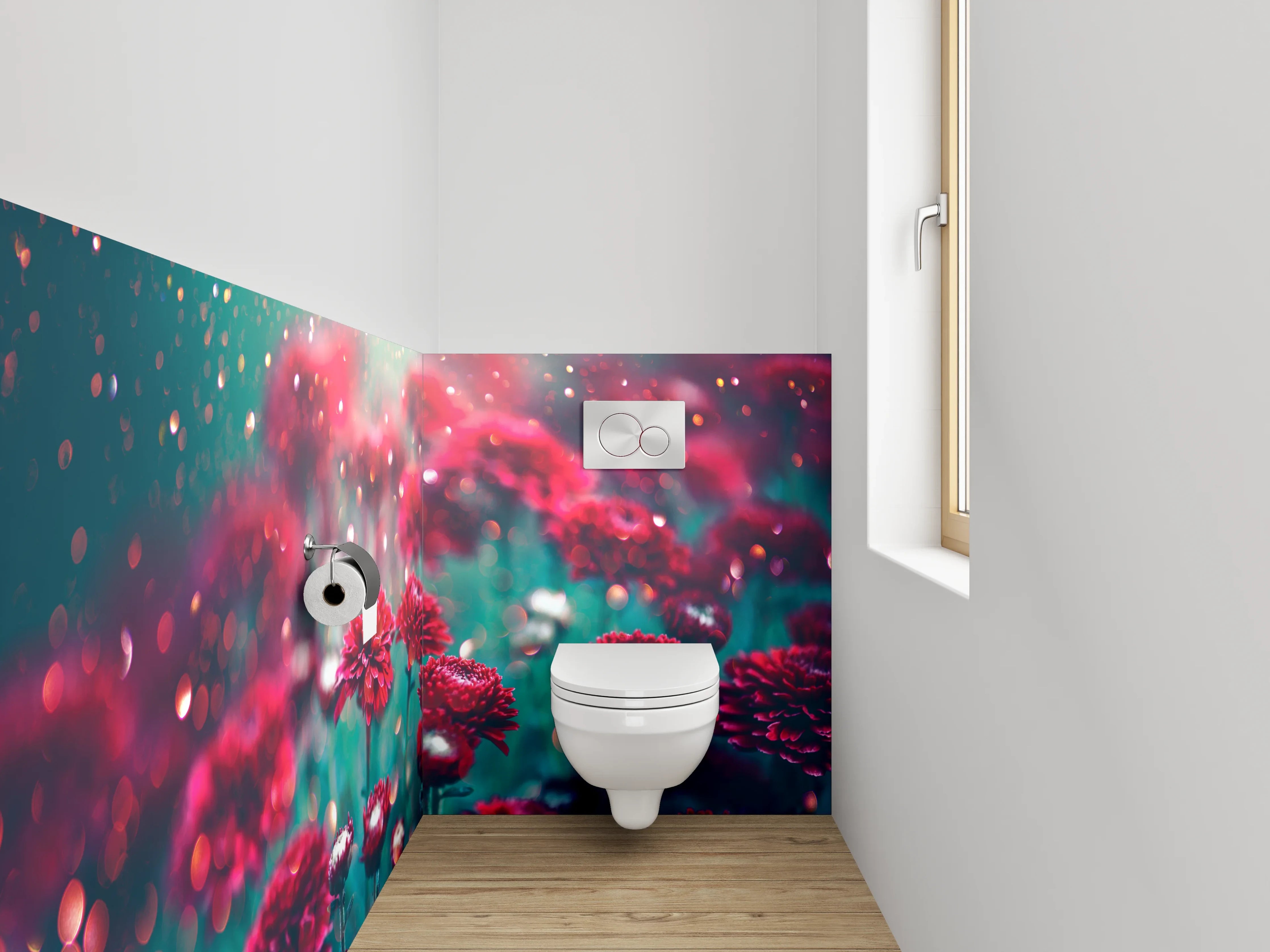 WC-Rückwand - Rote Chrysanthemen mit Glanzlichtern