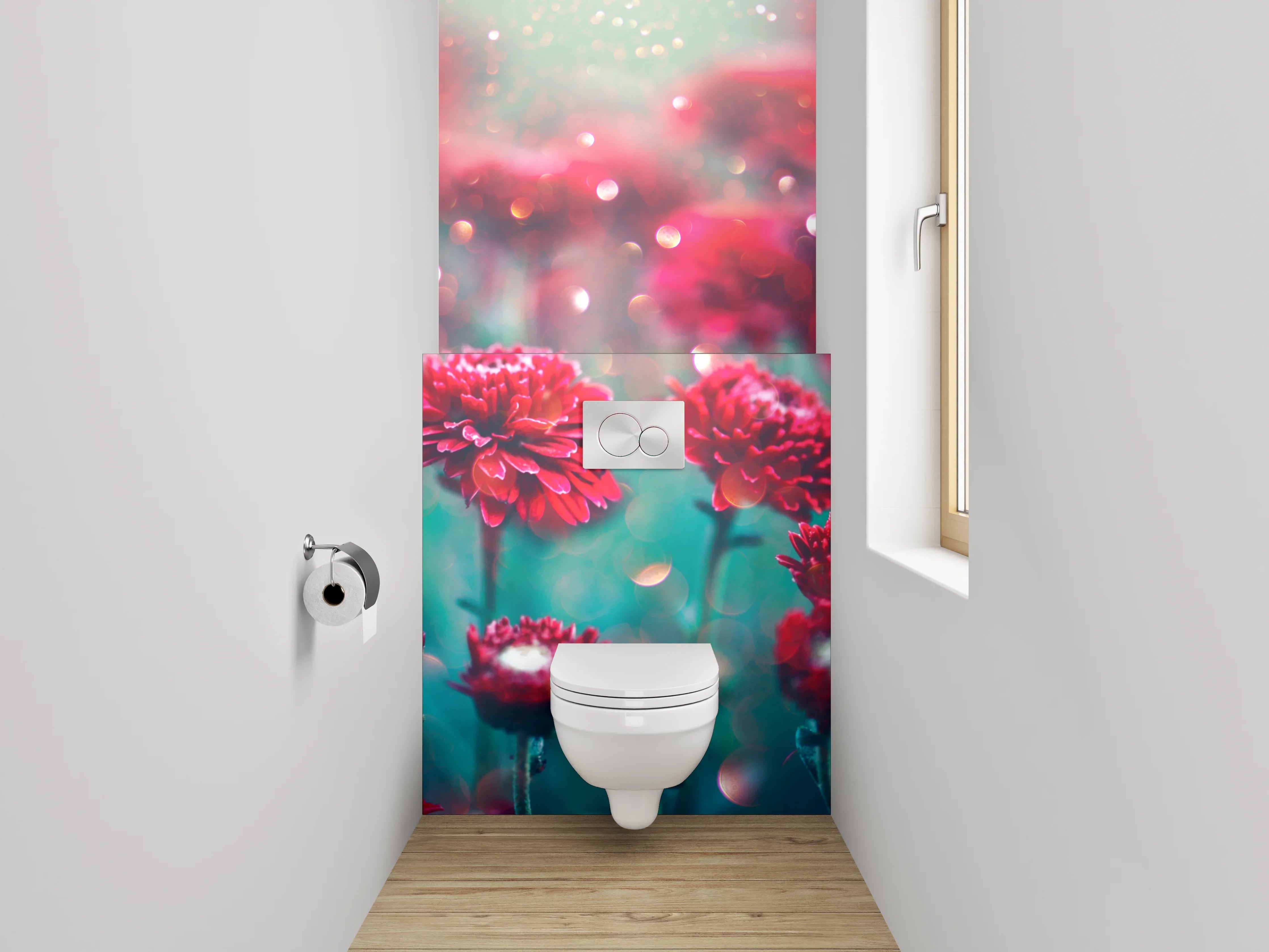 WC-Rückwand - Rote Chrysanthemen mit Glanzlichtern