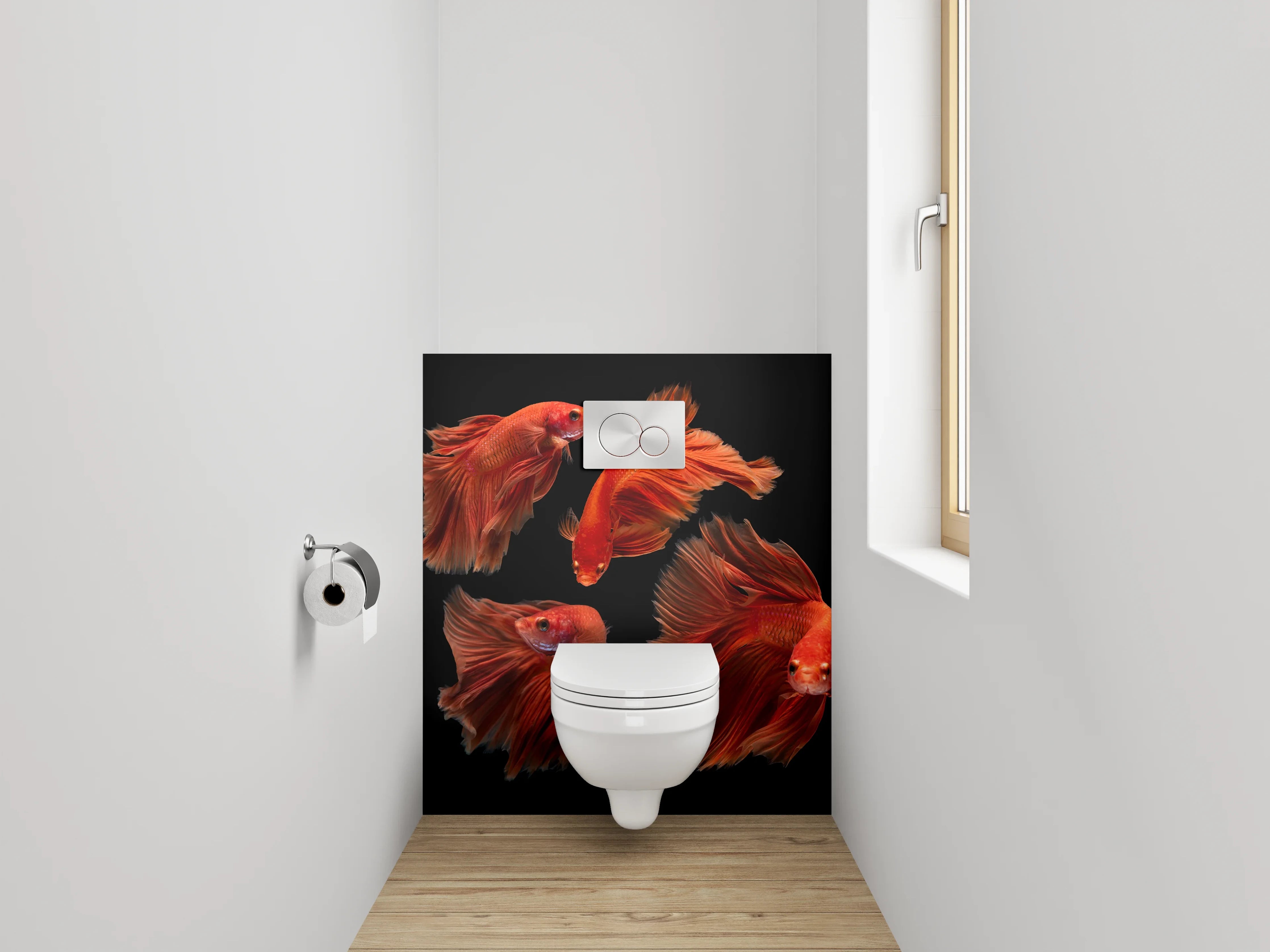 WC-Rückwand - Rote Kampffische auf Schwarz