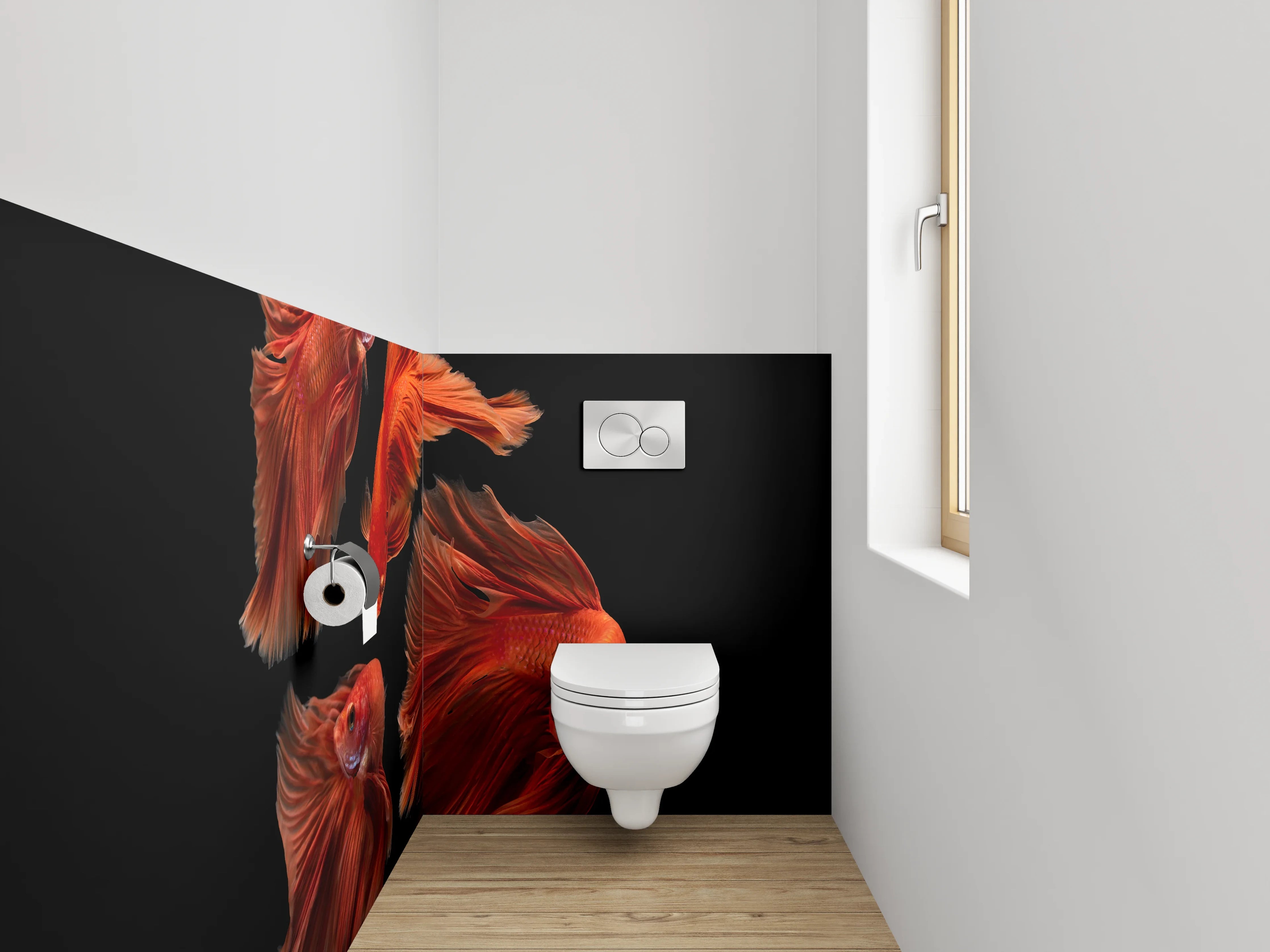 WC-Rückwand - Rote Kampffische auf Schwarz