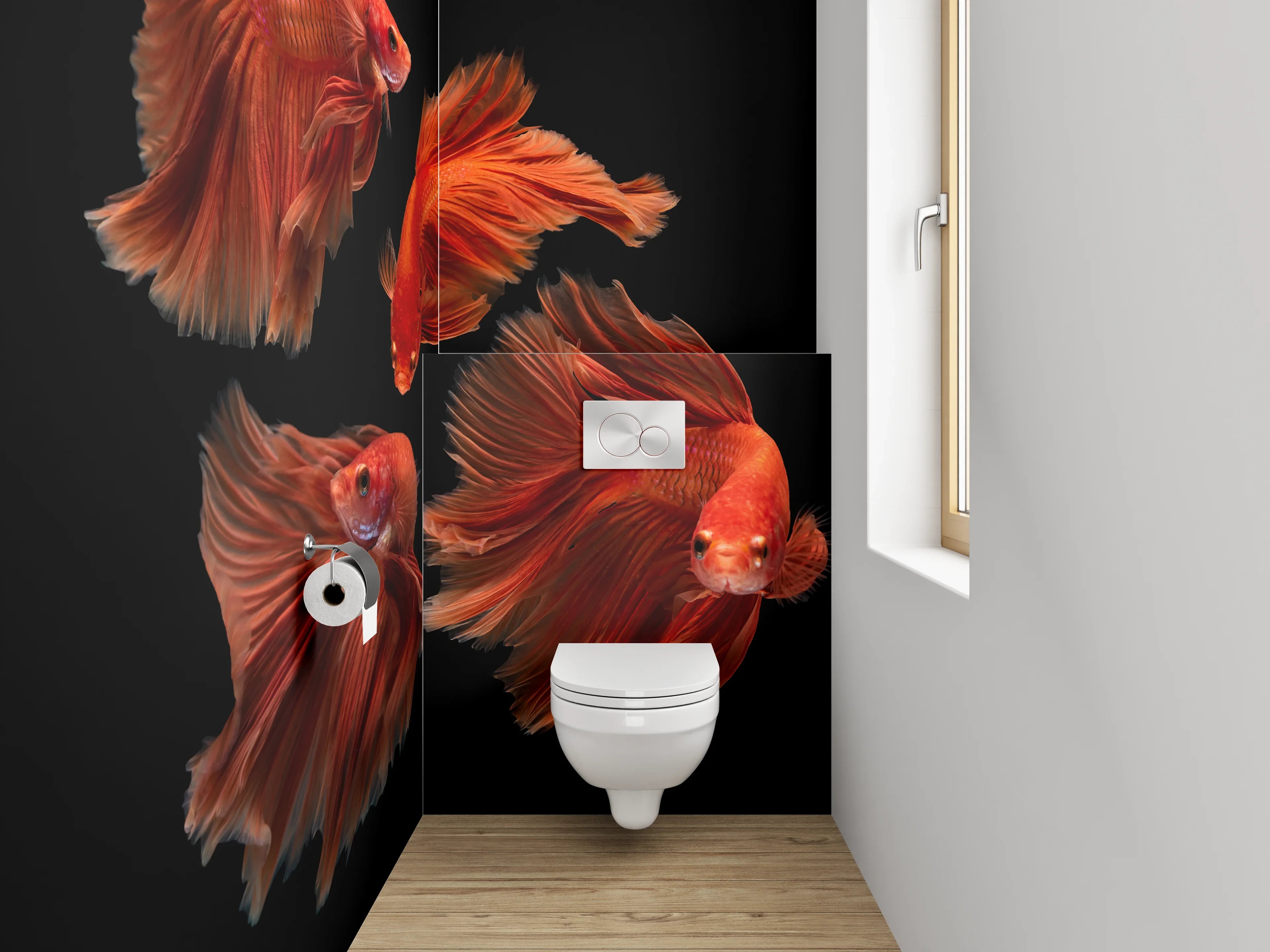 WC-Rückwand - Rote Kampffische auf Schwarz