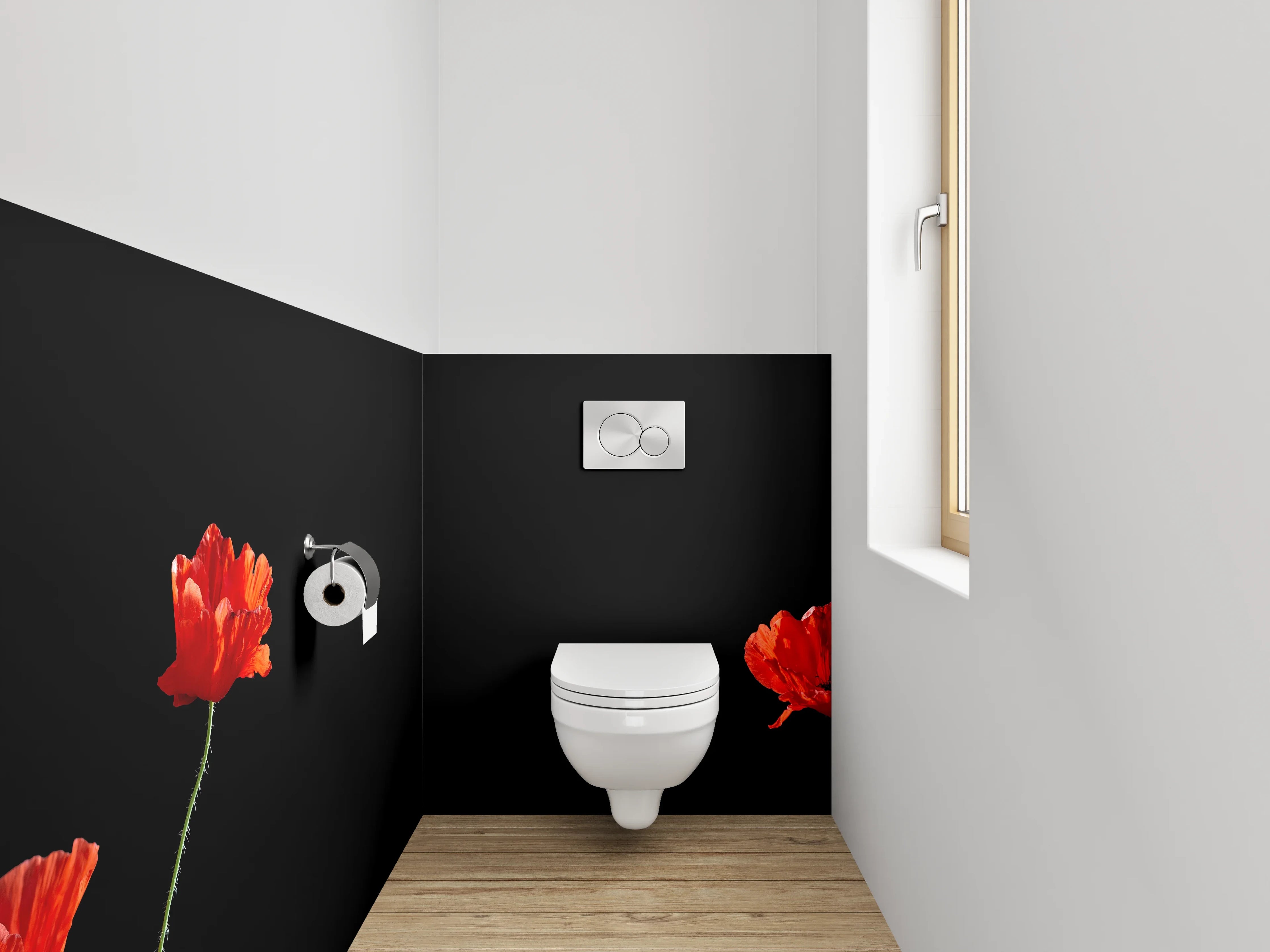WC-Rückwand - Rote Mohnblumen auf schwarzem Hintergrund