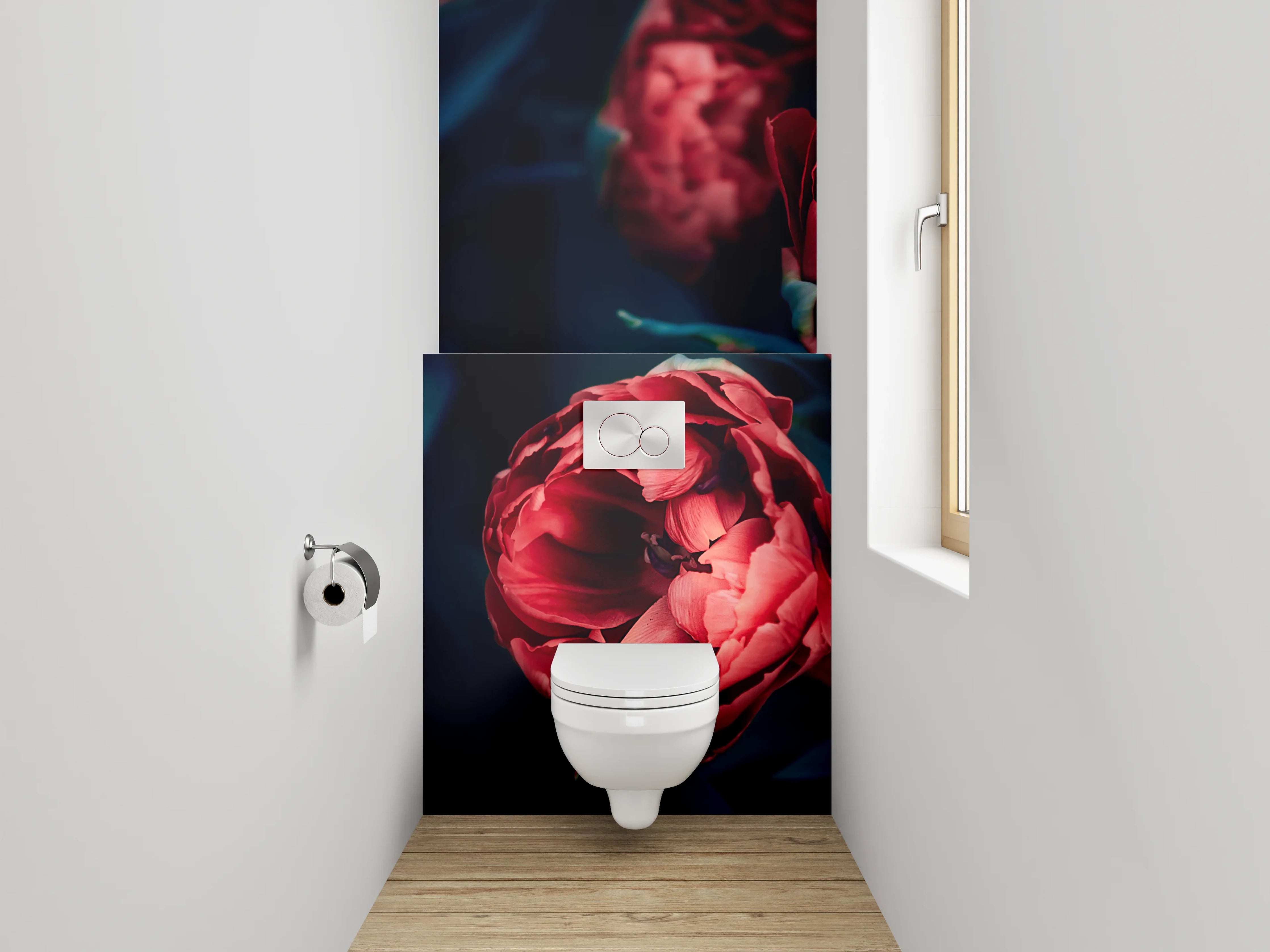WC-Rückwand - Rote Pfingstrosen auf dunklem Hintergrund