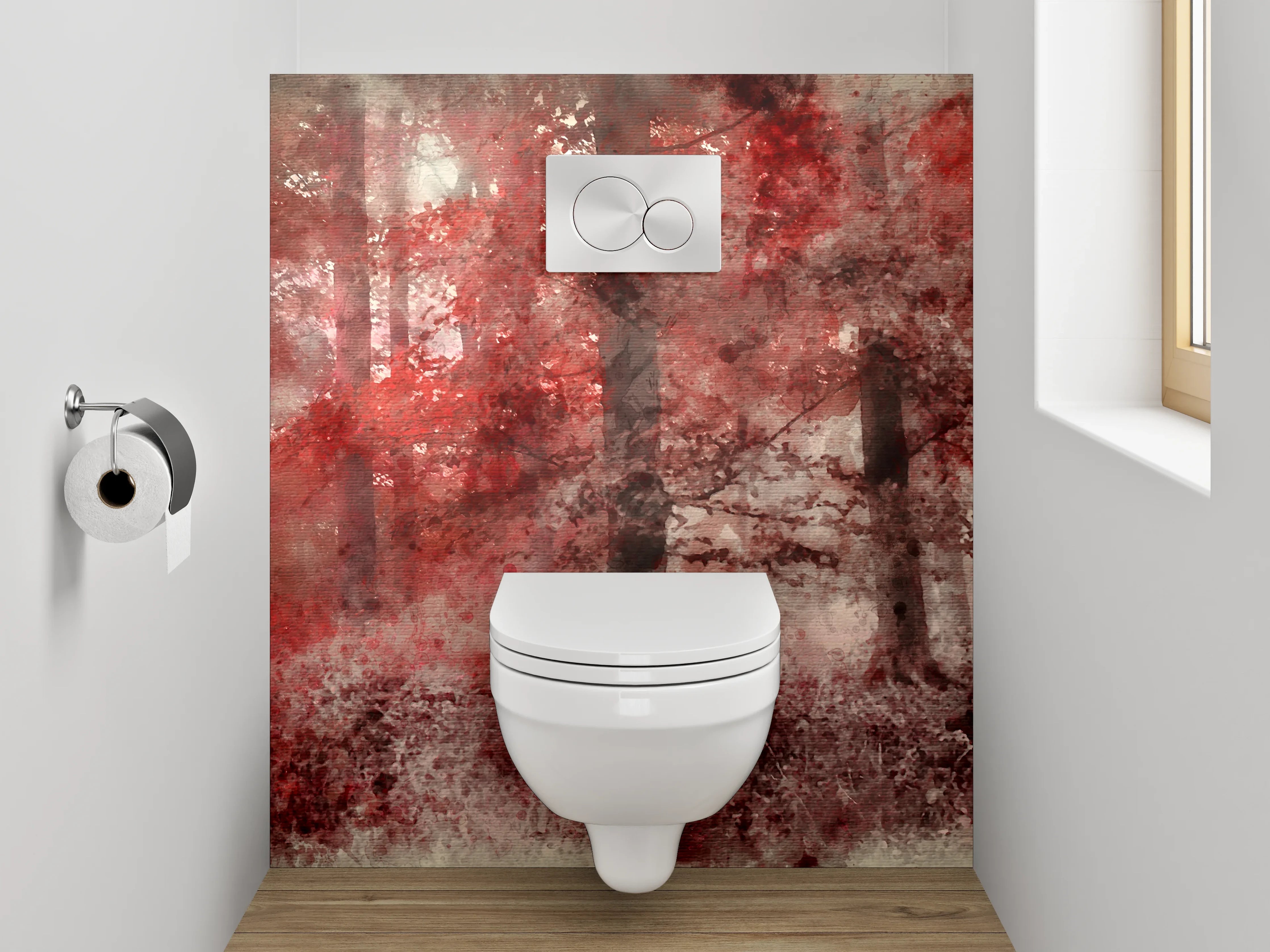 WC-Rückwand - Roter Aquarell-Wald im Nebel