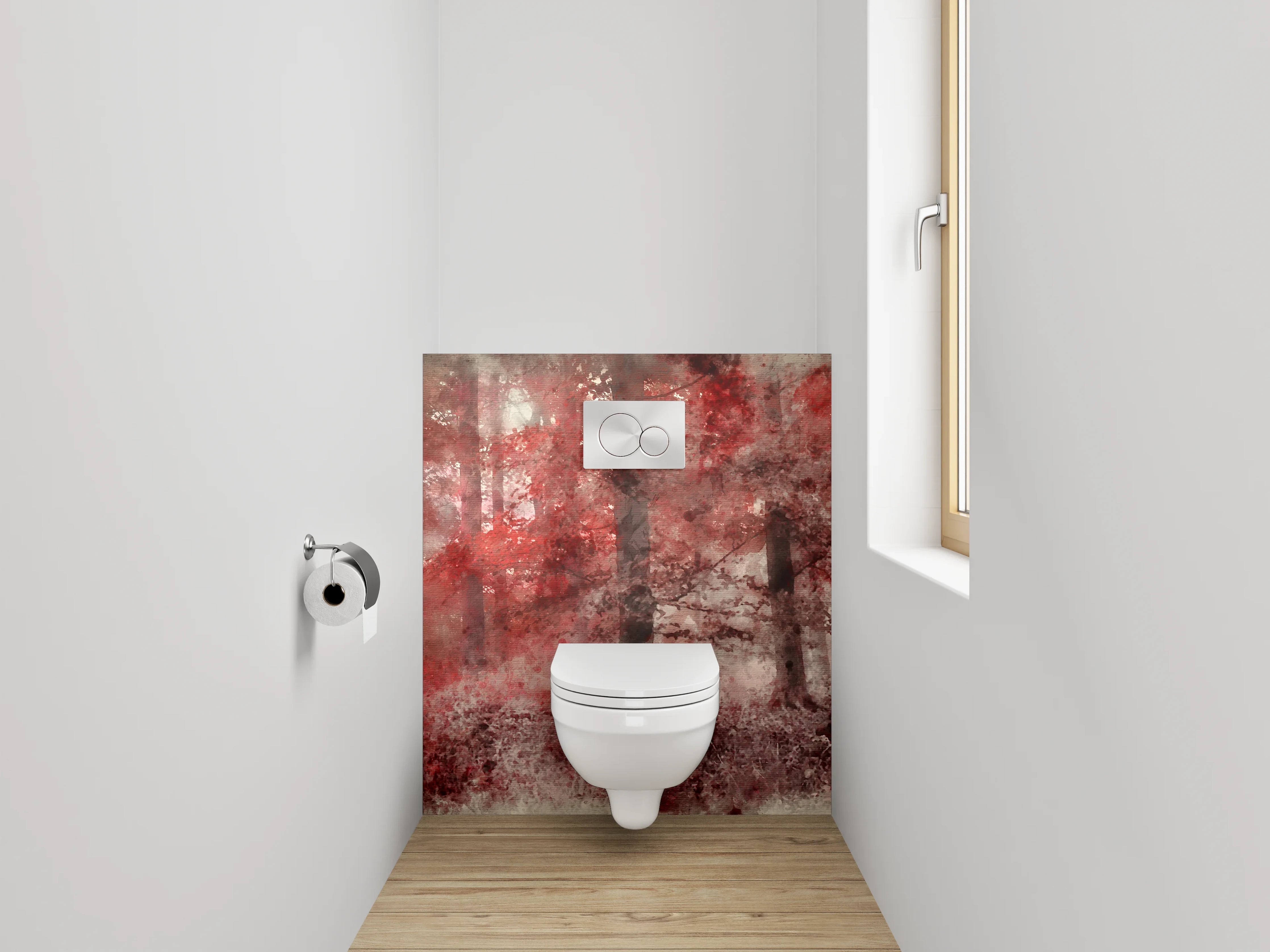 WC-Rückwand - Roter Aquarell-Wald im Nebel