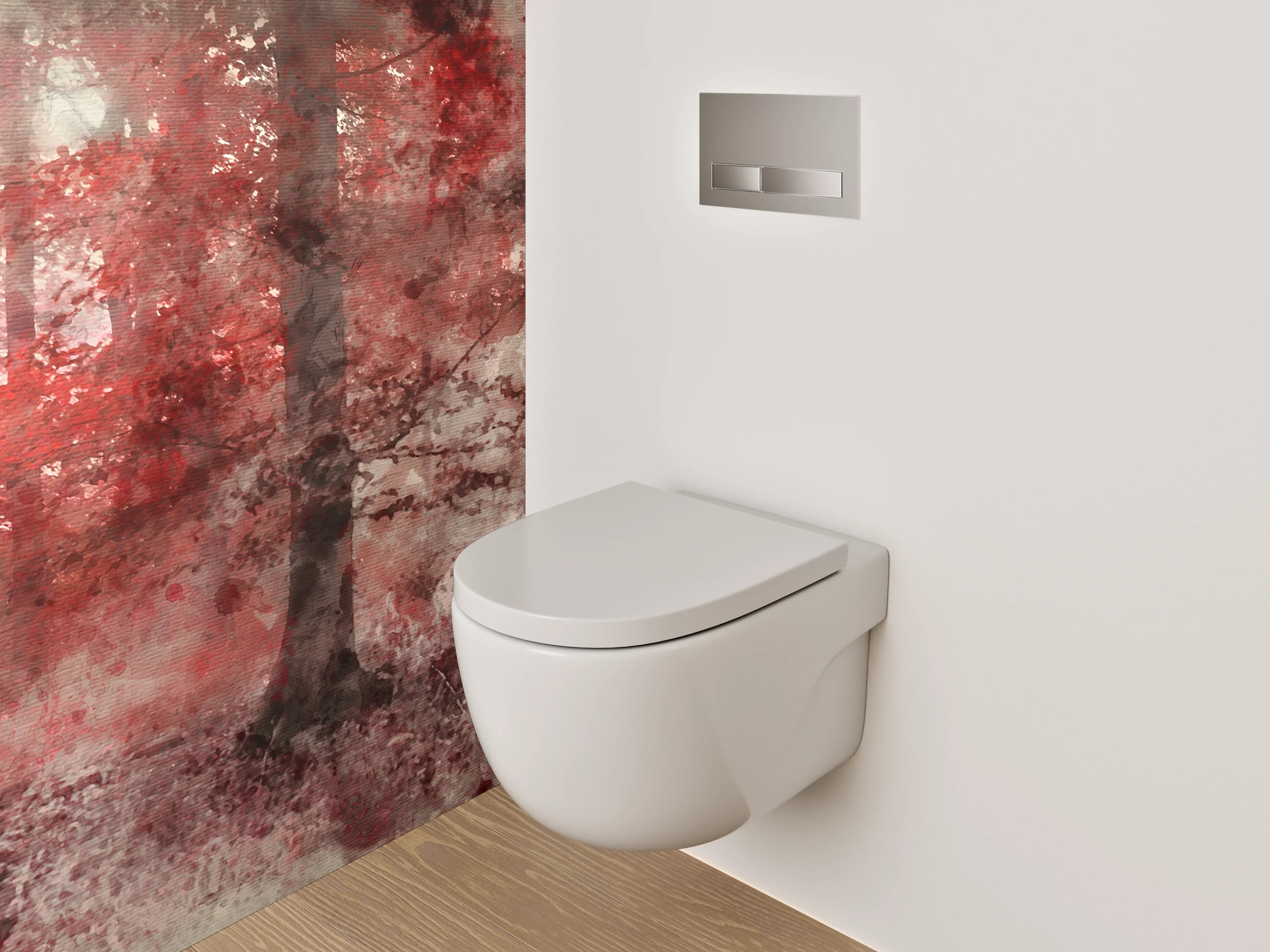 WC-Rückwand - Roter Aquarell-Wald im Nebel