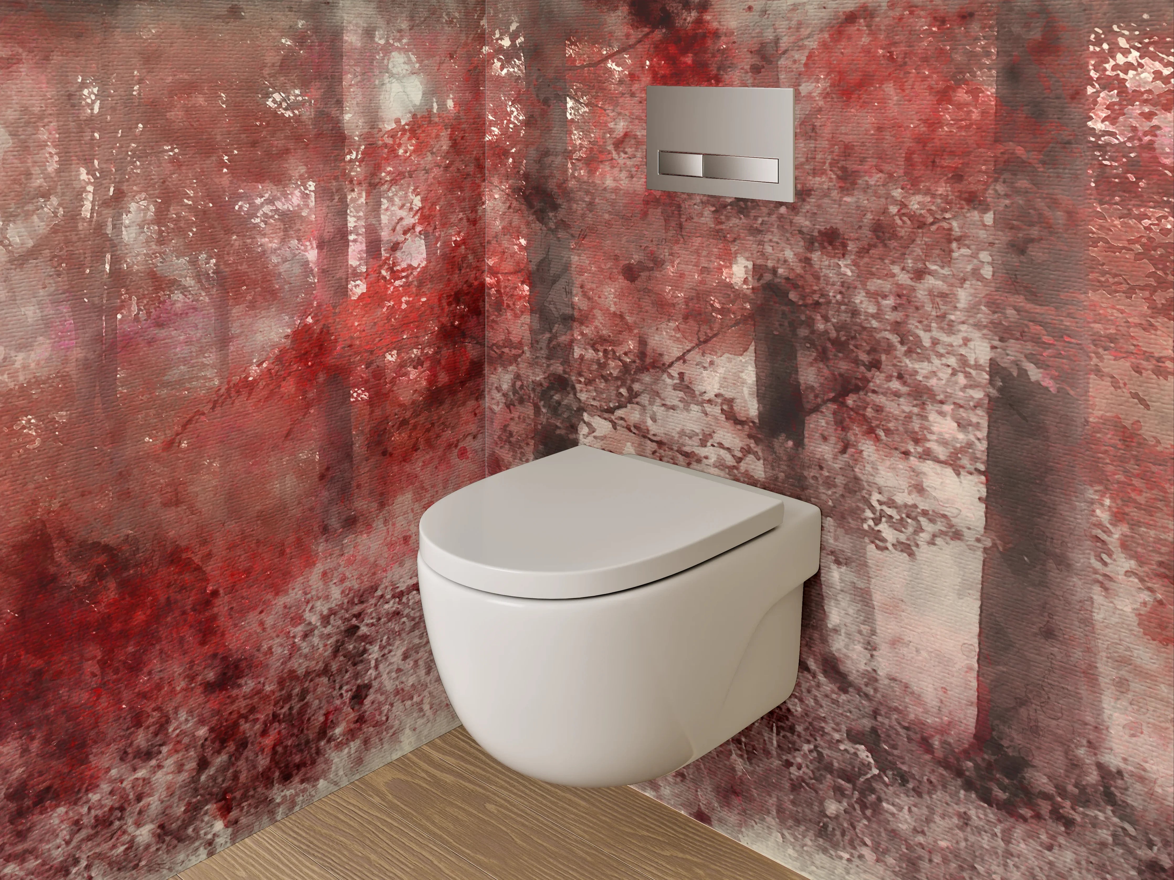 WC-Rückwand - Roter Aquarell-Wald im Nebel