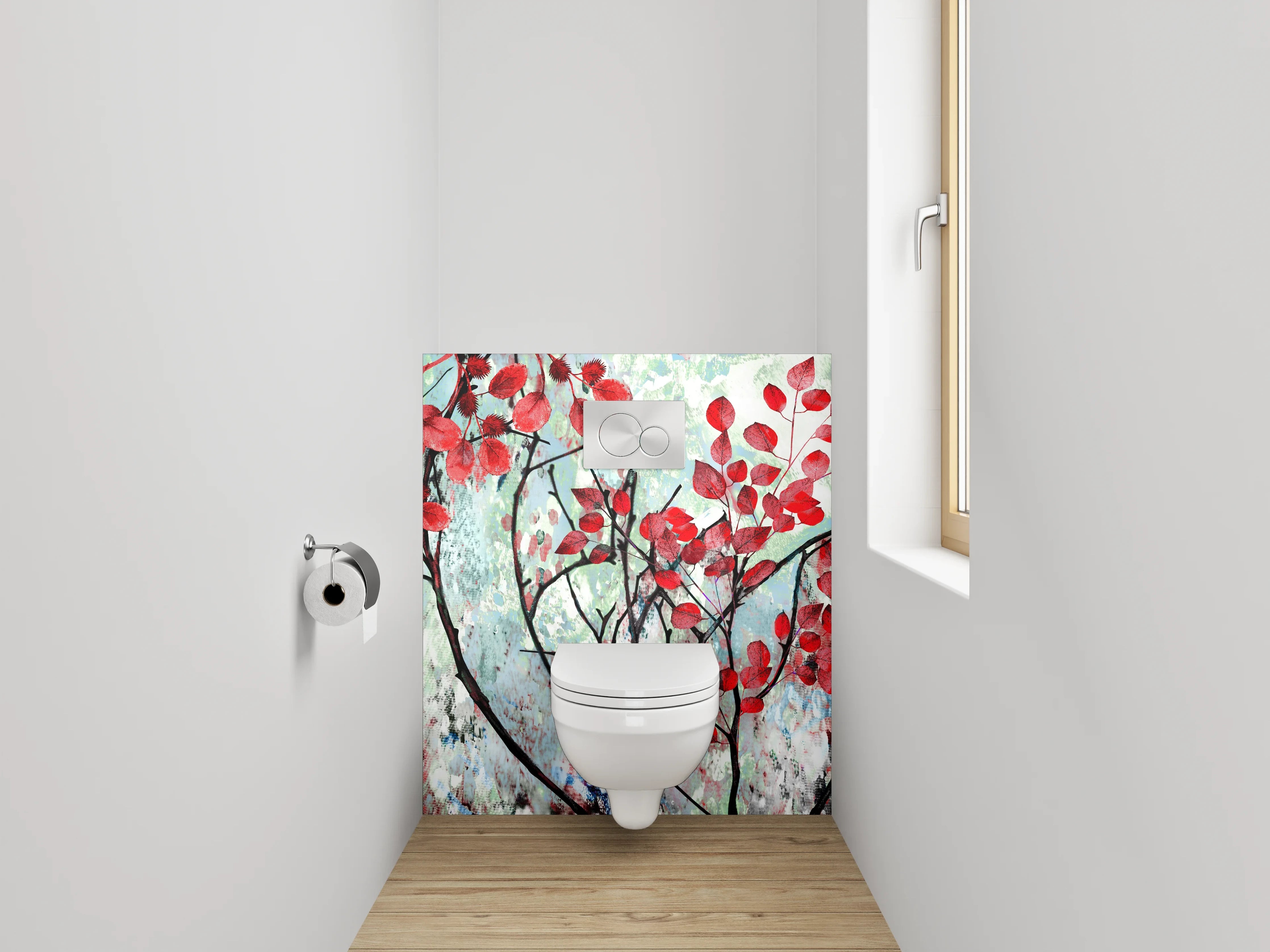 WC-Rückwand - Rotes Blattwerk im Aquarellstil