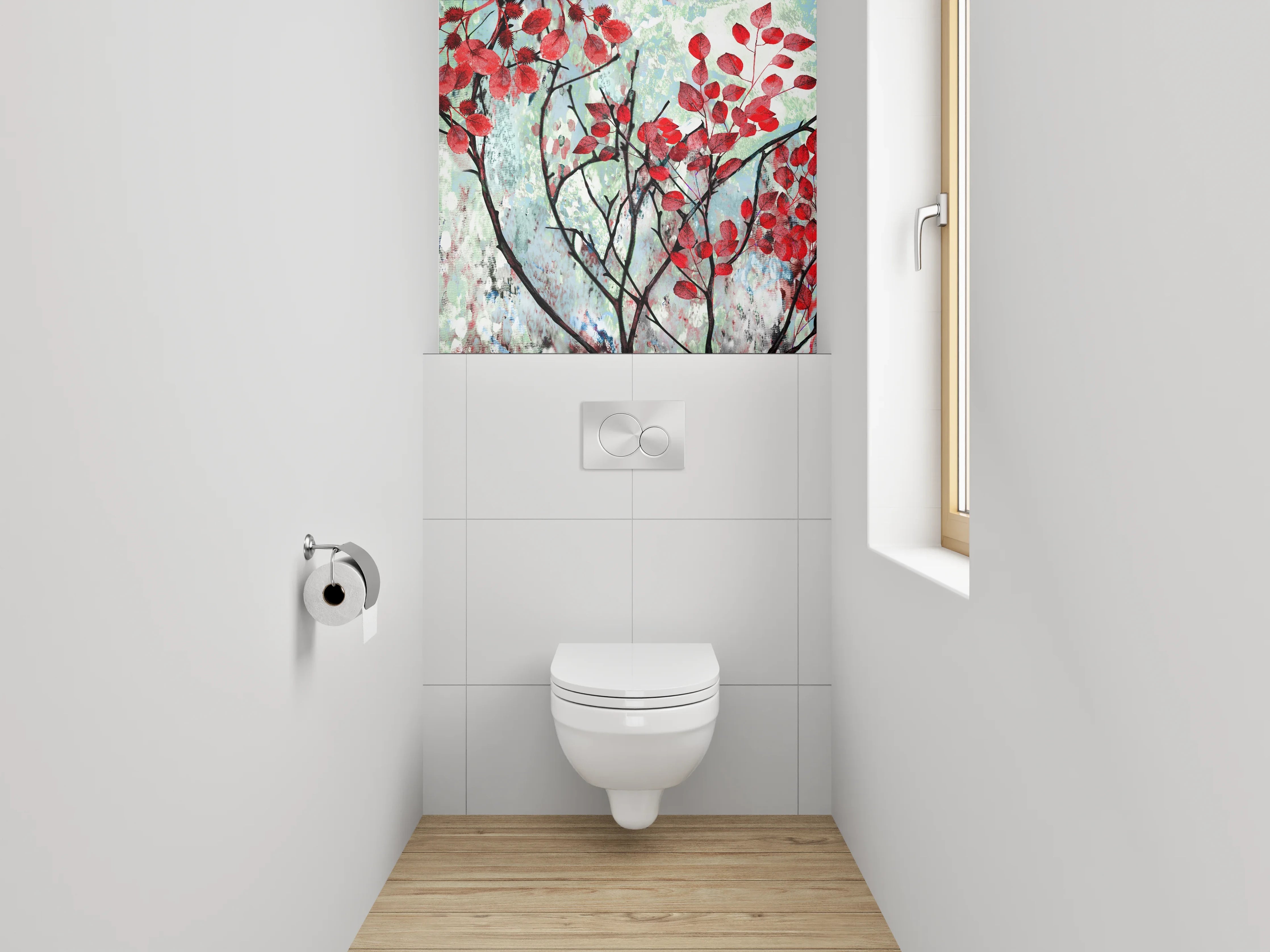 WC-Rückwand - Rotes Blattwerk im Aquarellstil